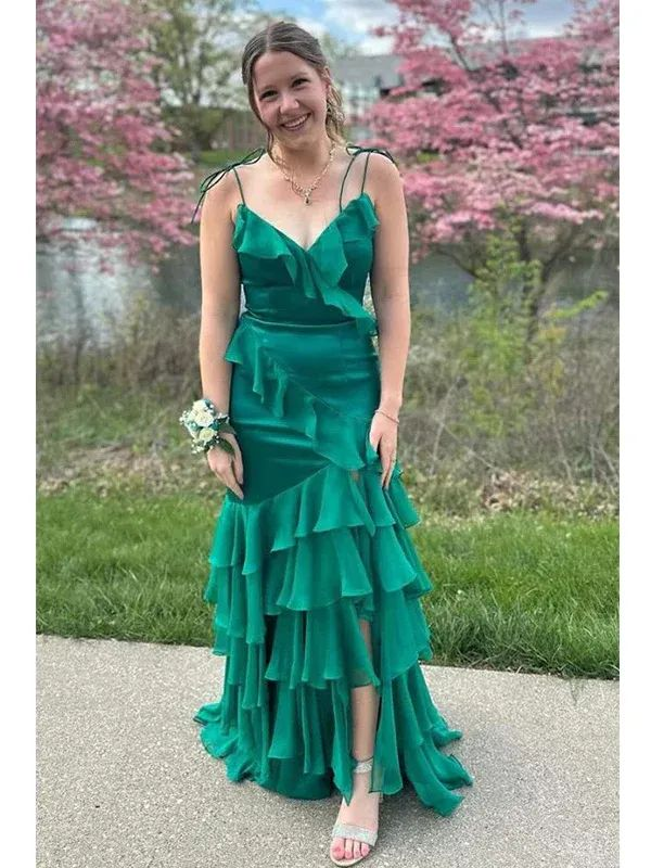 Elegant Green Mermaid V-Neck Long Prom Dress with Ruffle Detail - Perfect for Homecoming, Evening Gala & Formal Parties (Style J4619)