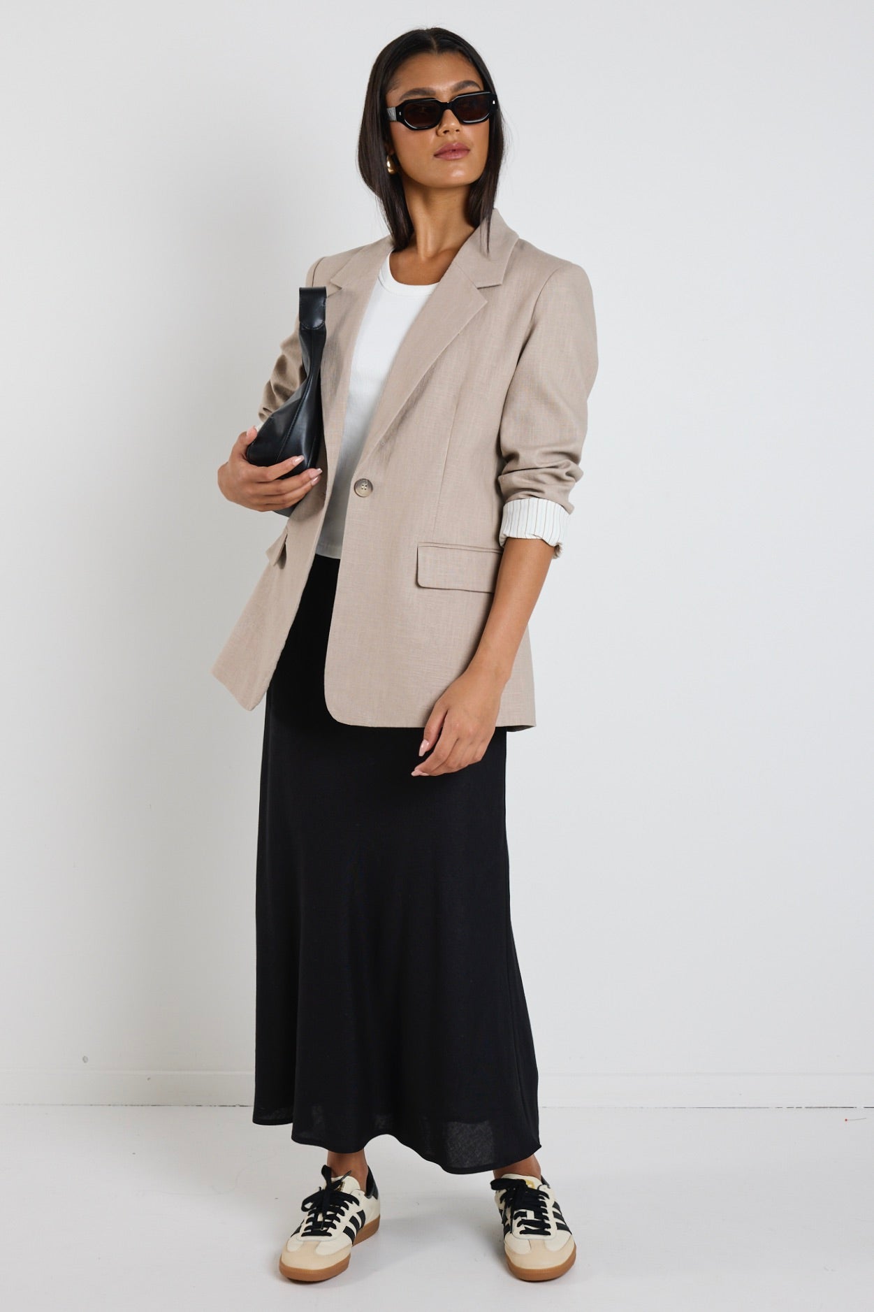 Taupe Ramie Rolled Sleeve Blazer Jacket for Women - Lightweight Summer Office Wear & Casual Outfits