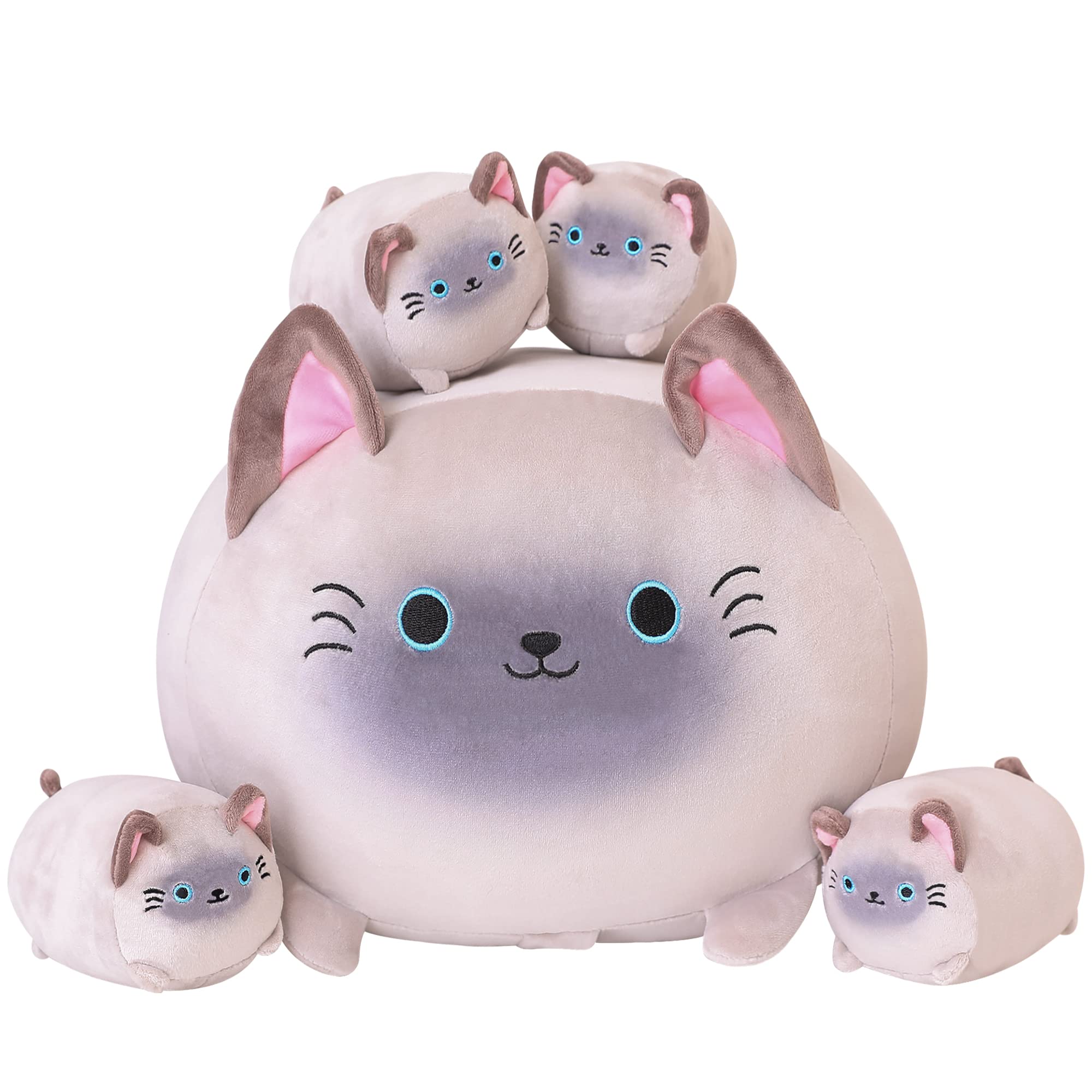 SQEQE Siamese Cat Plush Toy - Adorable Stuffed Animal Mommy with 4 Soft Kittens, Cuddly Plush Pillow Gift for Kids & Cat Lovers | Perfect for Nursery Decor, Birthday Presents & Comfort Companionship