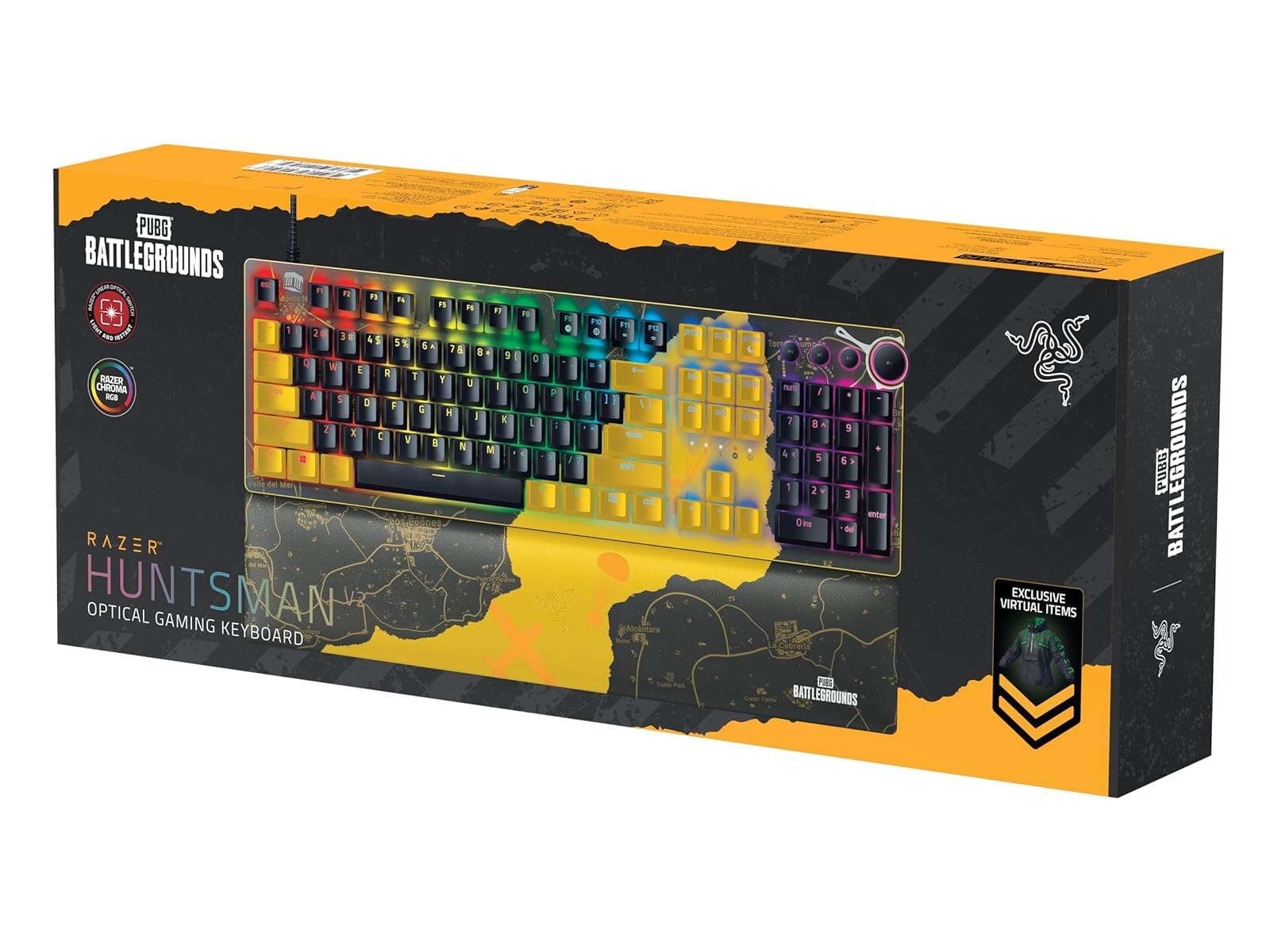 Razer Huntsman V2 Optical Gaming Keyboard - Red Linear Optical Switches Gen-2, Doubleshot PBT Keycaps, Near-Zero Input Latency, Ergonomic Wrist Rest (US Layout, PUBG Edition) - Perfect for Competitive Gaming, Esports & Professional Typing