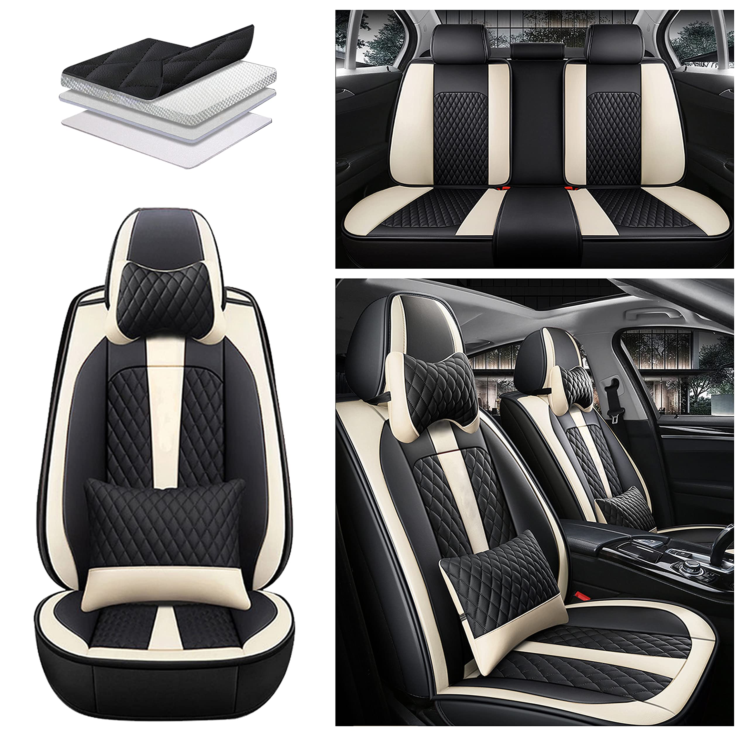 Awotzon Full Set PU Leather Car Seat Covers for Nissan Leaf 2011-2022 - 5-Seater Universal Waterproof Seat Protector with Airbag Compatibility (Black/Beige) | Perfect for Daily Commuting, Road Trips & Protecting Your Car Interior
