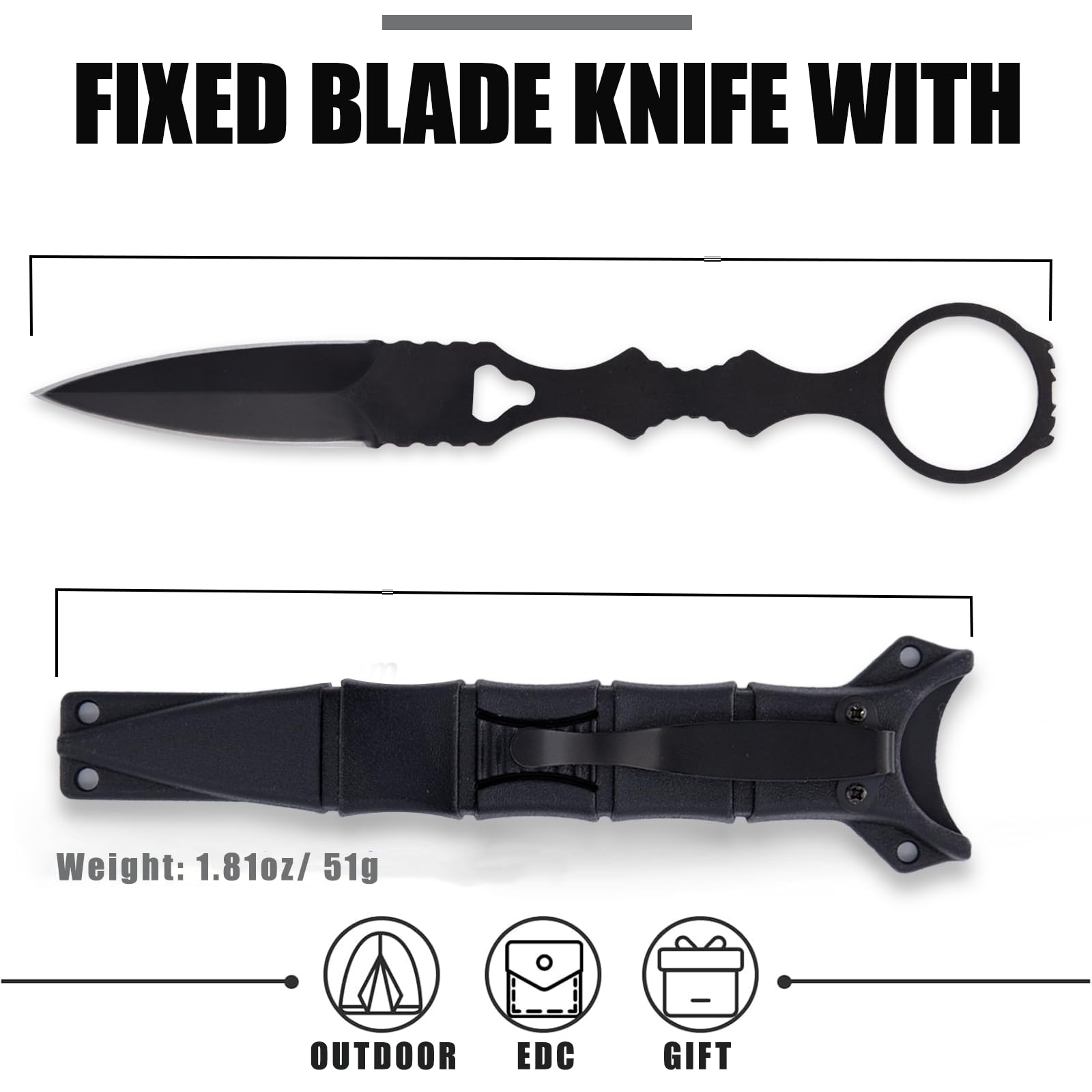 440C Stainless Steel Fixed Blade Knife with Kydex Sheath - Portable Camping & Outdoor Survival Knife (Black) - Perfect for Hunting, Bushcraft, and Emergency Preparedness