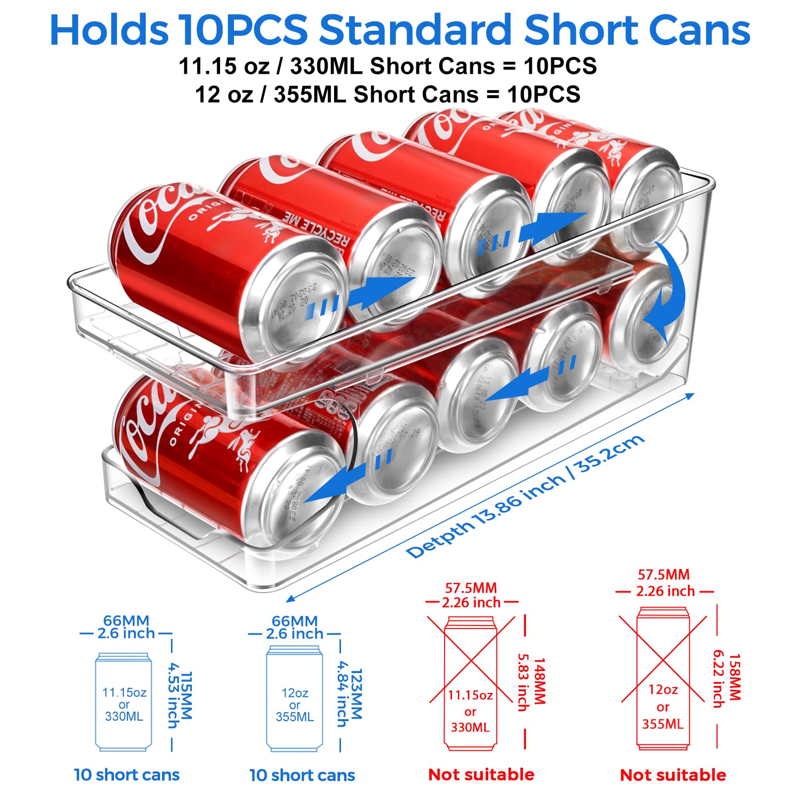 Rolling Soda Can Organizer for Refrigerator - 10 Can Dispenser for Beer, Soda & Seltzer - Space Saving Pantry Storage Solution for Standard 11.15oz/12oz Cans - Perfect for Kitchen, Bar, Party & Game Day Organization