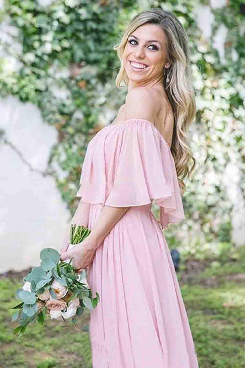 Elegant Off-The-Shoulder Long Chiffon Bridesmaid Dress - A-Line Wedding Guest Gown for Women | Perfect for Formal Events, Evening Parties & Special Occasions