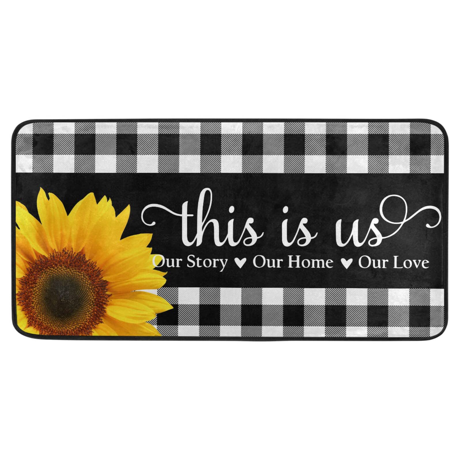 Non-Slip White Buffalo Plaid Kitchen Rugs with Sunflower Pattern - Cushioned Anti-Fatigue Floor Mats for Sink, Standing & Laundry Room - Washable Home Decor (39x20 Inches) - Perfect for Farmhouse Kitchens, Cozy Breakfast Nooks & Rustic Home Decor