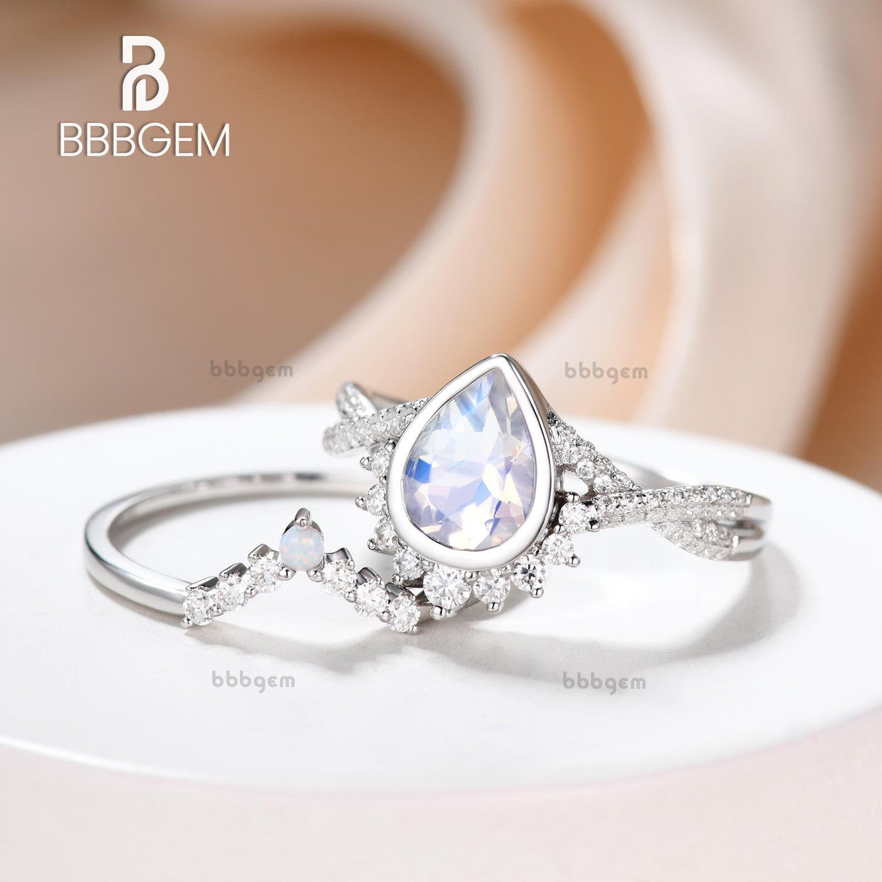 Vintage Moonstone Engagement Ring Set - Pear Shaped Stone with Twisted Band for Wedding, Proposal & Anniversary Gifts | Handmade Silver Jewelry for Brides & Couples