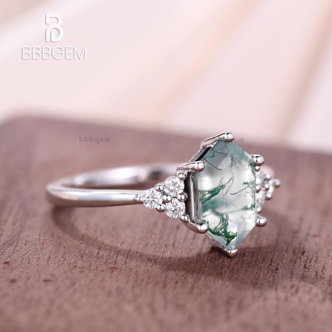 Long Hexagon Cut Moss Agate Engagement Ring with Cluster Diamond Accents - Green Crystal Elongated White Gold Wedding Band for Women | Perfect for Proposals, Anniversaries & Romantic Occasions