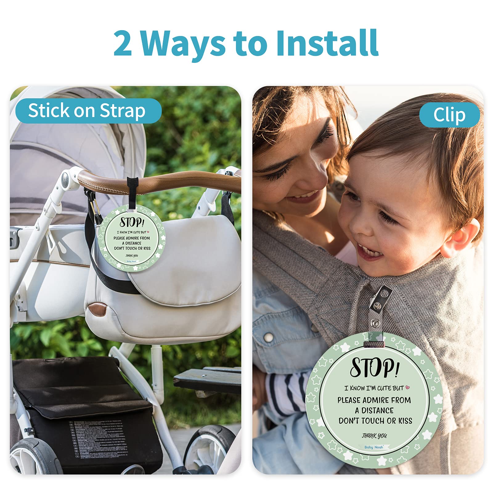 No Touch Baby Car Seat Sign - Safety Stroller Tag with Straps & Clip - for Newborns & Preemies
