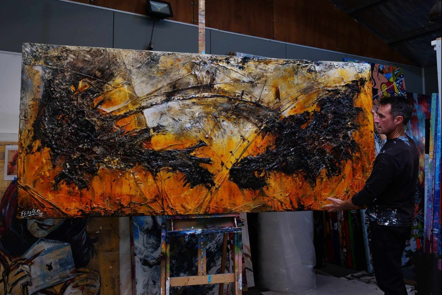 Loaded Sienna 270cm x 120cm Black Textured Abstract Canvas Painting - Modern Wall Art for Living Room, Bedroom & Office Decor