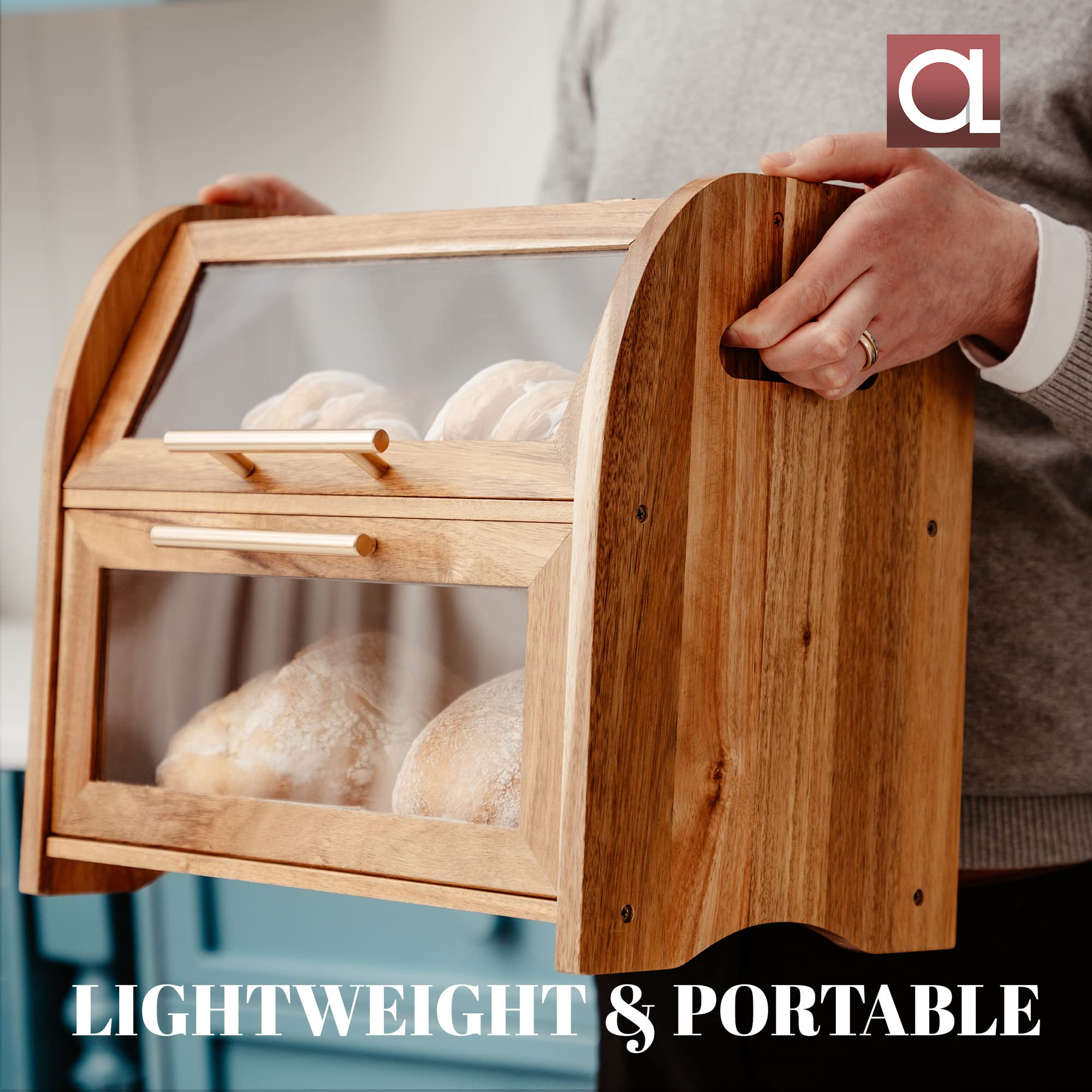 Premium Acacia Wood Bread Box for Kitchen Countertop - Extra Large 2-Tier Bread Storage with Clear View Windows & Ventilation | Keeps Bread, Bagels, Rolls Fresh | Easy Assembly | Perfect for Bakeries, Restaurants & Home Kitchens