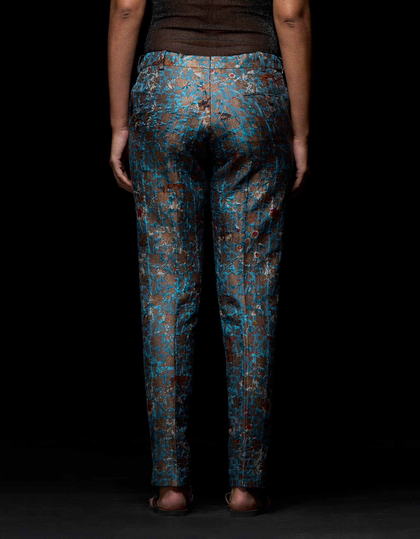 Boot Cut Silk Brocade Trousers in Blue - Elegant Women's Dress Pants for Office Wear & Special Occasions