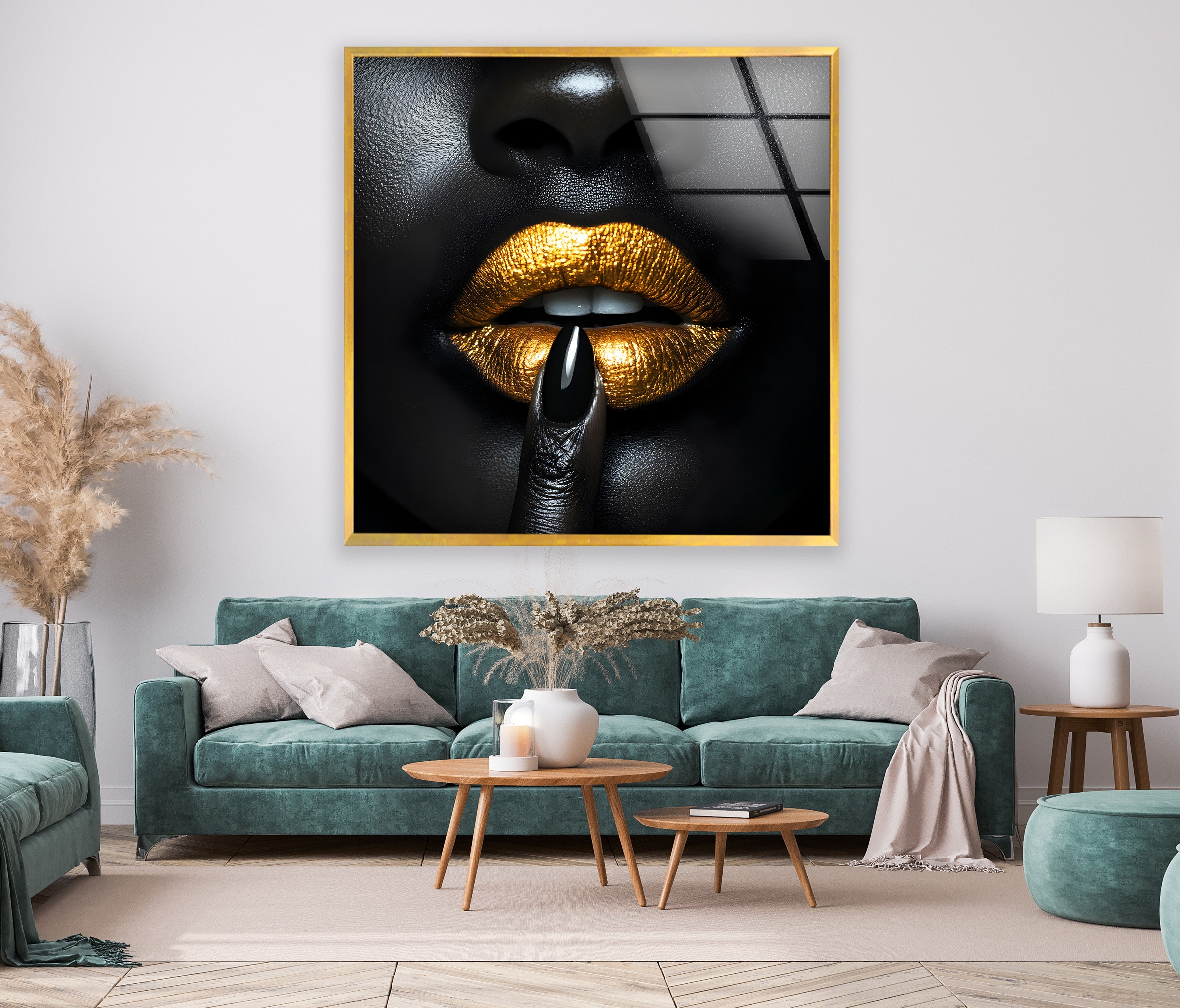 Black and Gold Lips Wall Art - Bold & Striking Glass Wall Decor for Living Room, Bedroom & Office | Modern Home Decor & Unique Gift Idea