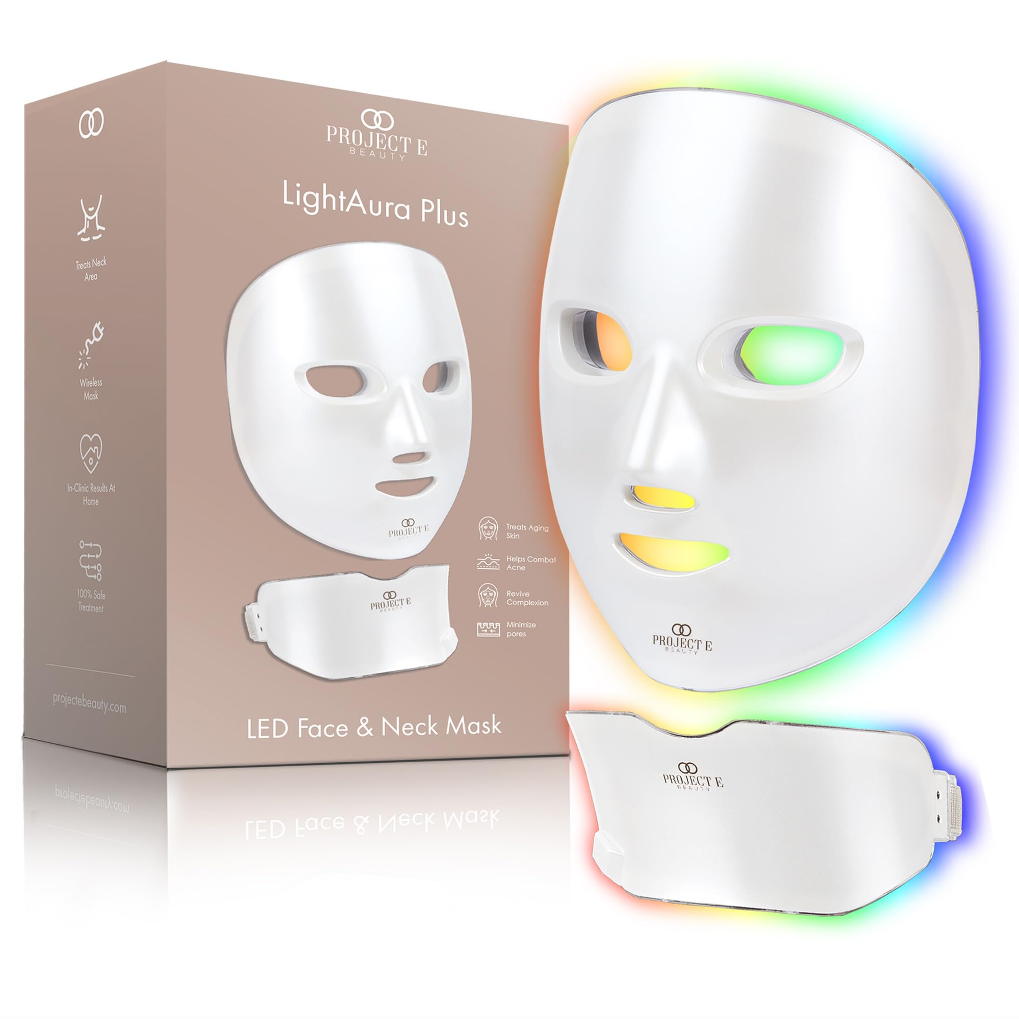 Project E Beauty LightAura Plus LED Light Therapy Mask - 7 Color LED Face & Neck Mask for Skin Rejuvenation, Anti-Aging & Wrinkle Reduction | Anti-Inflammatory & Brightening Skincare Treatment | Perfect for At-Home Spa Days & Post-Procedure Recovery