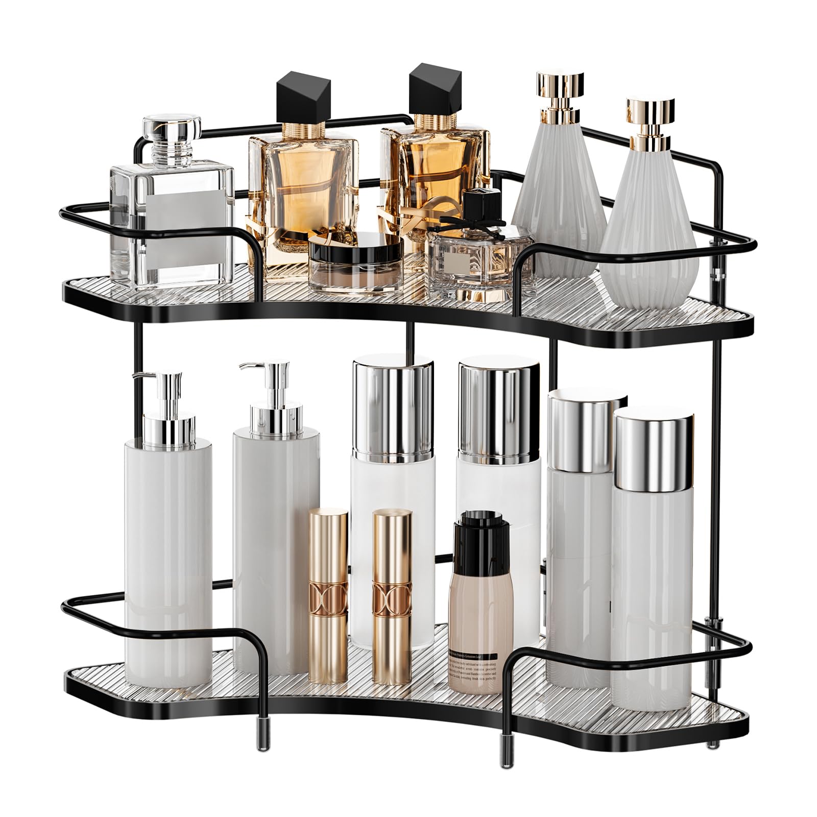 2 Tier Corner Bathroom Counter Organizer - Cosmetic & Skincare Storage Shelf - Vanity Perfume Tray - Kitchen Spice Corner Shelf | Perfect for Small Bathroom, Makeup Vanity & Kitchen Counter Organization
