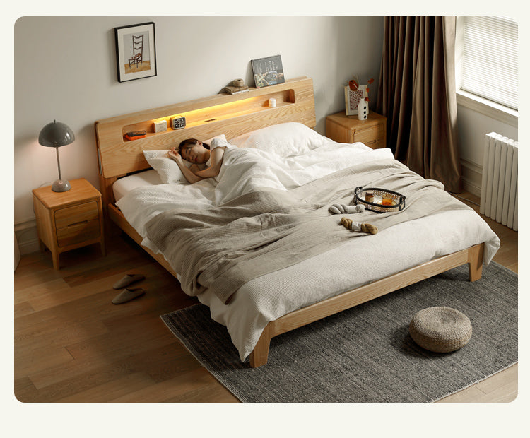 Solid Oak and Beech Wood Bed with Built-in LED Lights and Bookshelf - Modern Bedroom Furniture for Small Spaces, Lofts, and Studio Apartments