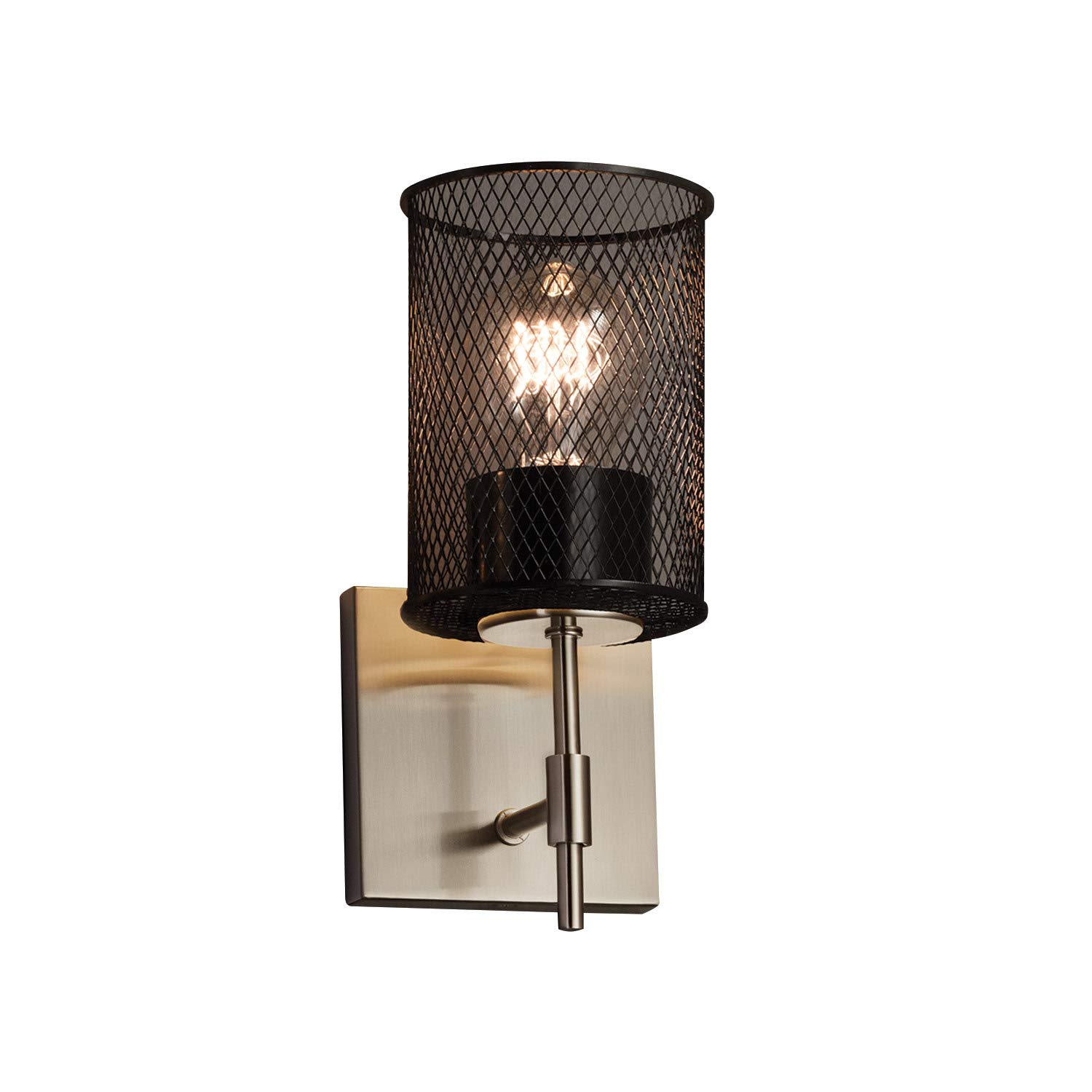 Justice Design Group MSH-8411-10-NCKL Brushed Nickel Wire Mesh Wall Sconce - 1-Light Cylinder Shade with Flat Rim - Modern Industrial Lighting Fixture for Living Room, Bedroom or Hallway