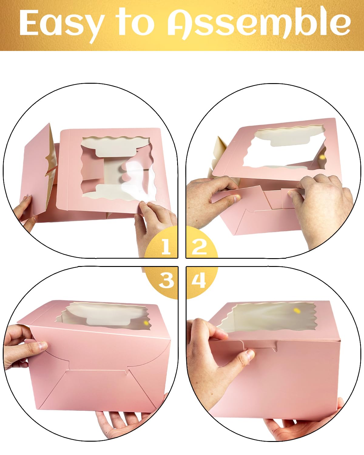 Qiqee 10x10x5 Inch Pink Cake Box with Window - 18 Sets Cake Containers & 10 Inch Round Cake Boards - Perfect for Birthday Parties, Wedding Cakes & Bakery Display