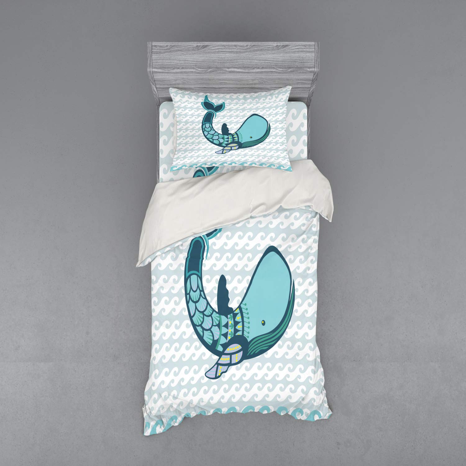 Ambesonne Whale Duvet Cover Set - 3 Piece Twin XL Size, Blue & White Cartoon Whale Design with Modern Ornamental Artwork | Perfect for Kids' Rooms, Beach Themed Bedrooms & Whale Lovers
