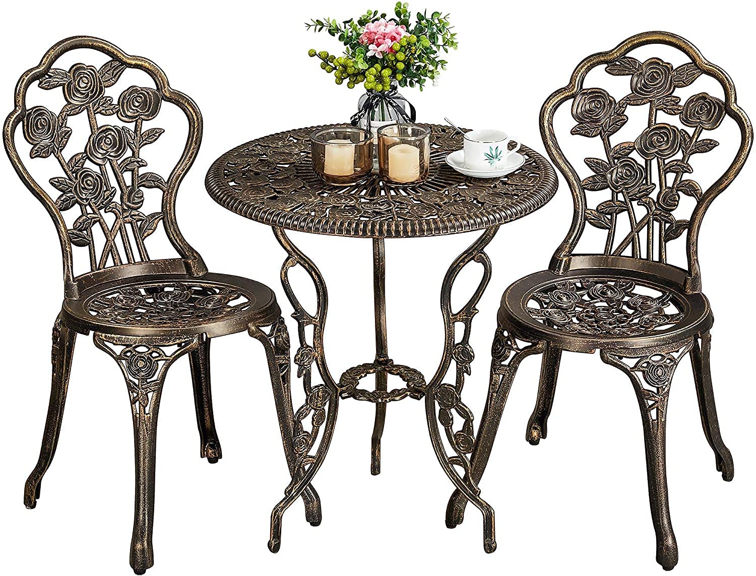 3-Piece Outdoor Bistro Set with Rose Pattern - 1 Table & 2 Chairs, Aluminum & Cast Iron Patio Furniture for Garden, Backyard, Deck or Balcony