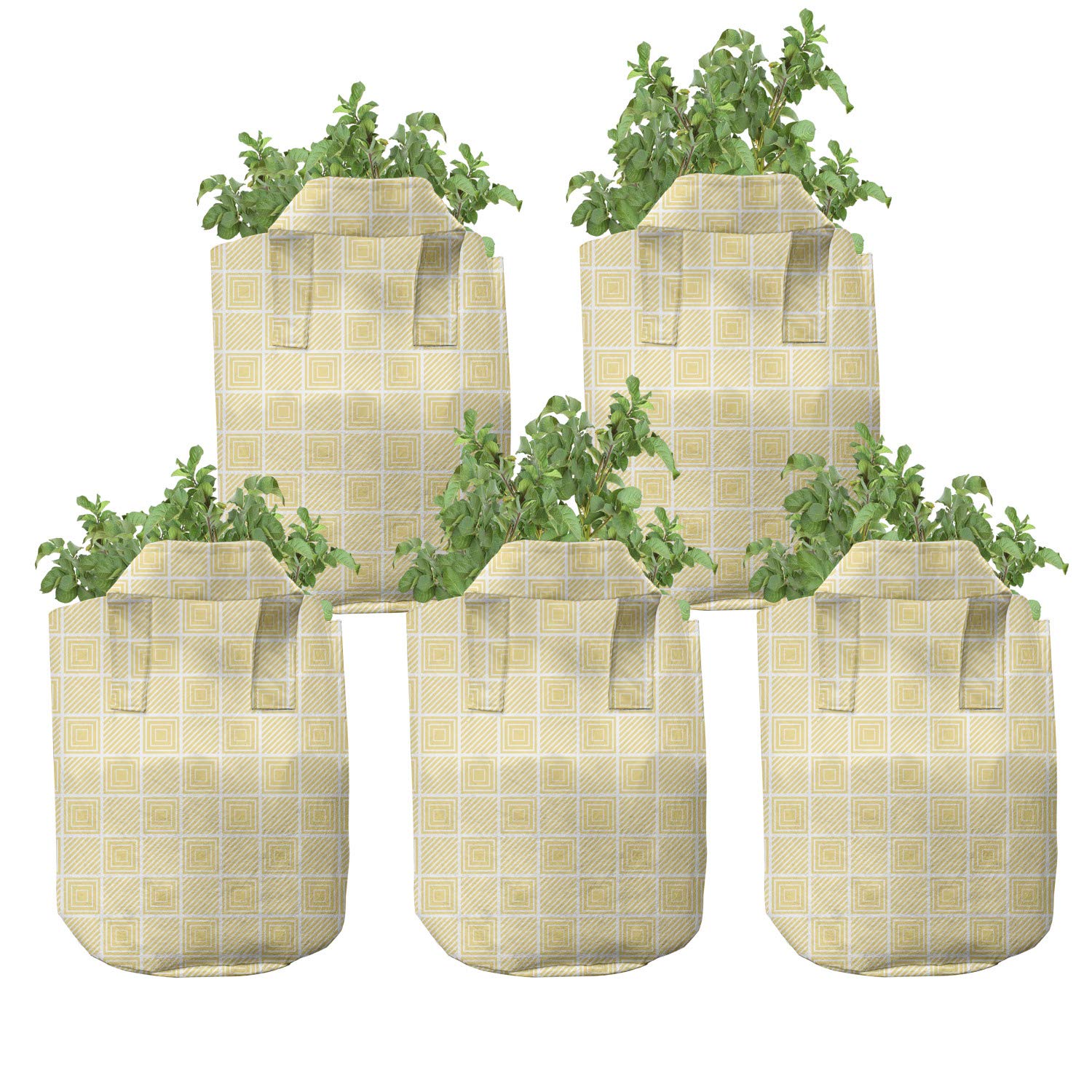 Ambesonne Geometric Grow Bags 5-Pack - Heavy Duty Fabric Plant Pots with Handles, Striped Chessboard Design in Pastel Yellow & Off White - Perfect for Indoor/Outdoor Gardening, Herbs, Vegetables & Flowers