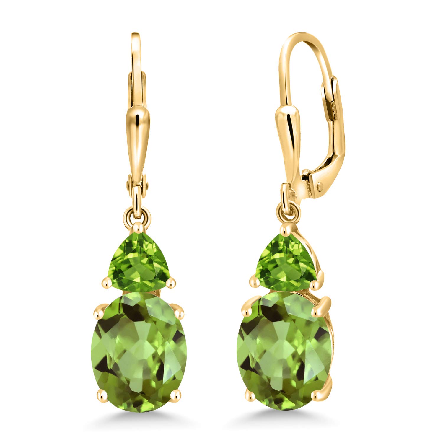 18K Yellow Gold Plated Silver Green Peridot Dangle Earrings for Women - 6.56 Cttw, August Birthstone, Oval 10x8mm & Trillion 5mm - Perfect for Birthdays, Anniversaries and Special Occasions