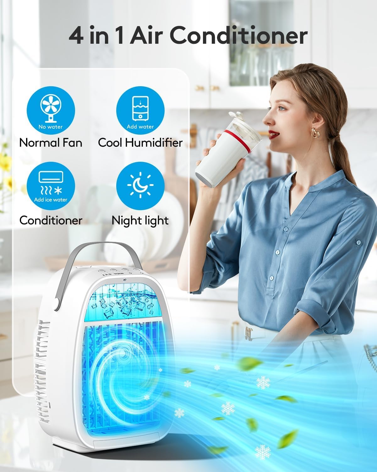 Portable Air Conditioner Fan with 4-in-1 Humidifier & Cooling Function - 1400ML Large Water Tank, 3 Speed Settings | Mini Evaporative Cooler for Home, Office & Workspace | Perfect for Bedroom, Living Room & Desk Use