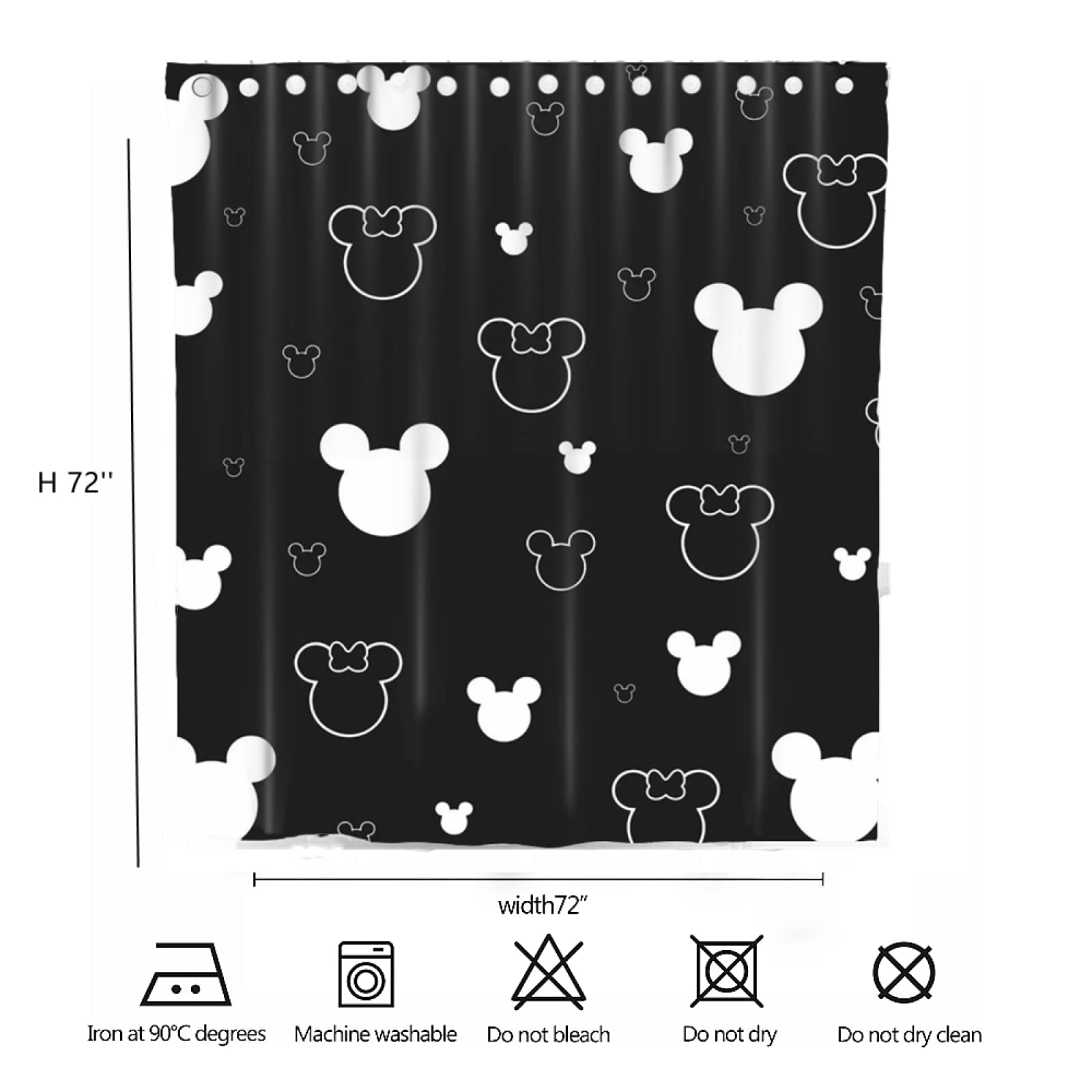 Cute Cartoon Mouse Head Waterproof Shower Curtain 72x72 Inch - Kids Bathroom Decor with 12 Hooks - Black Fabric Bathtub Curtain Set for Children's Bathroom, Perfect for Showers, Bathtubs & Nursery Decor