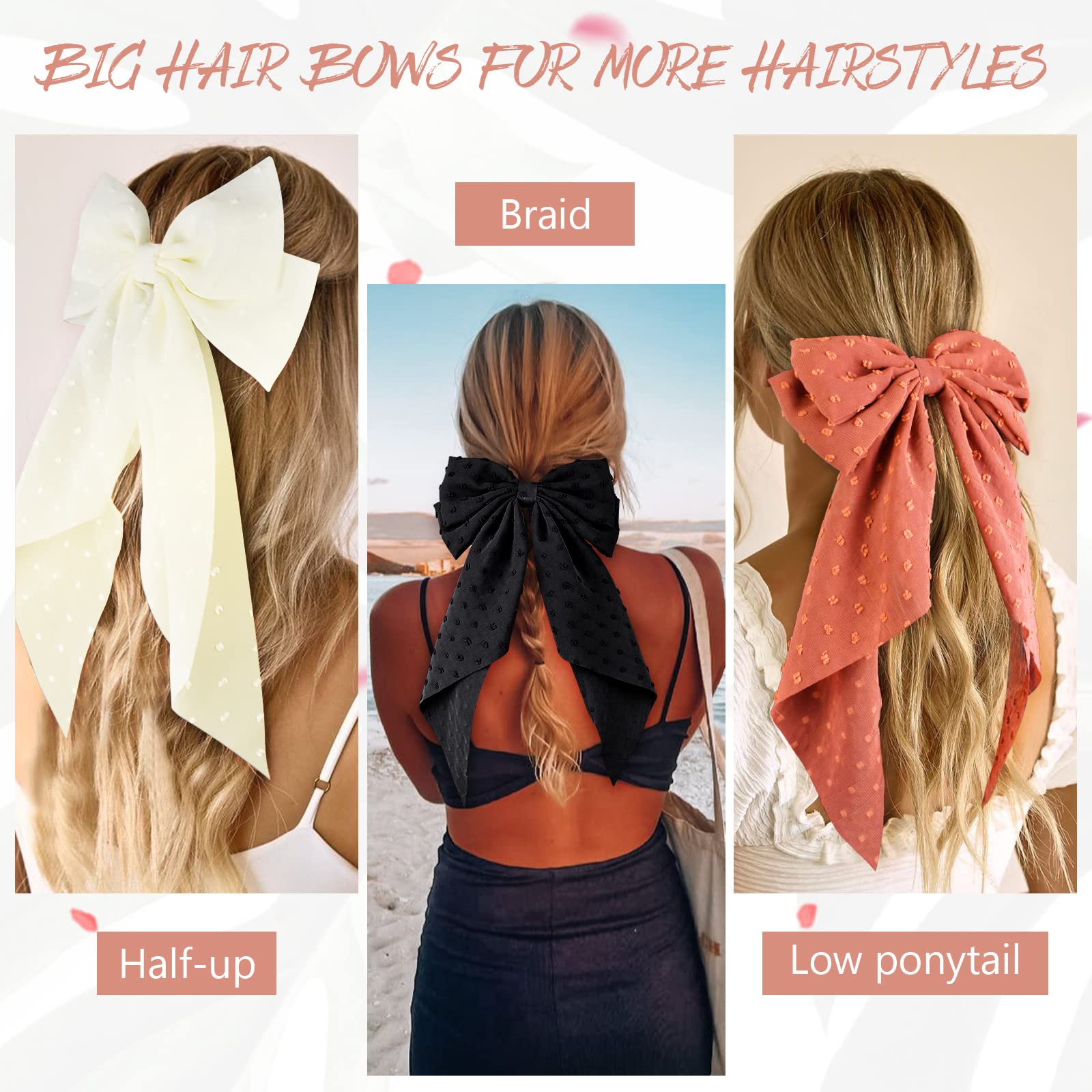 3 Pack Large Hair Bows for Women & Girls - Metal Clip Hair Barrettes with Lace Ribbon, Coquette Aesthetic Hair Accessories for Valentine's Day, Wedding, Birthday & Vacation | Perfect for Parties, Photo Shoots & Everyday Elegant Style
