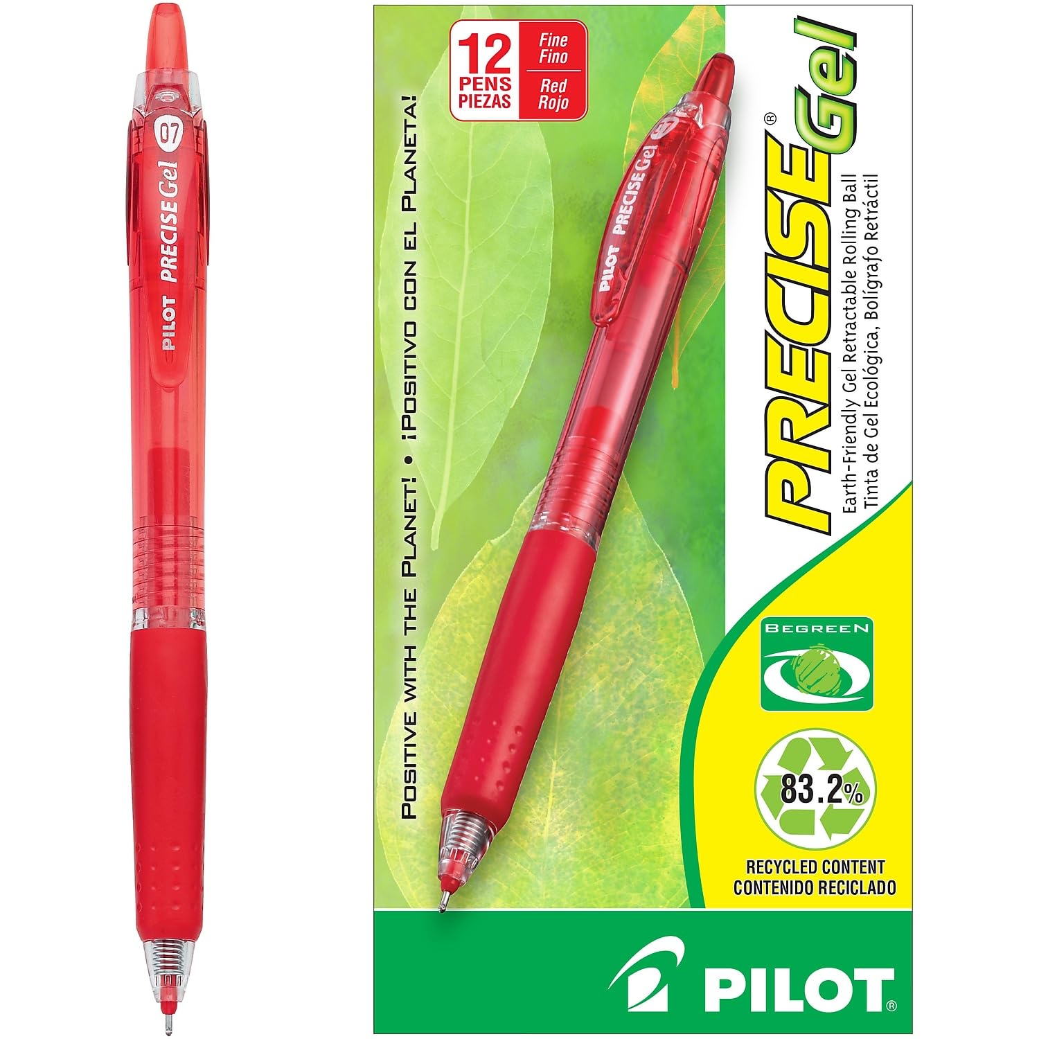 Pilot Precise V7 RT Retractable Gel Pen - 0.7mm Fine Point, Red Ink with Green Barrel (Pack of 12) - Smooth Writing for Office, School & Note Taking