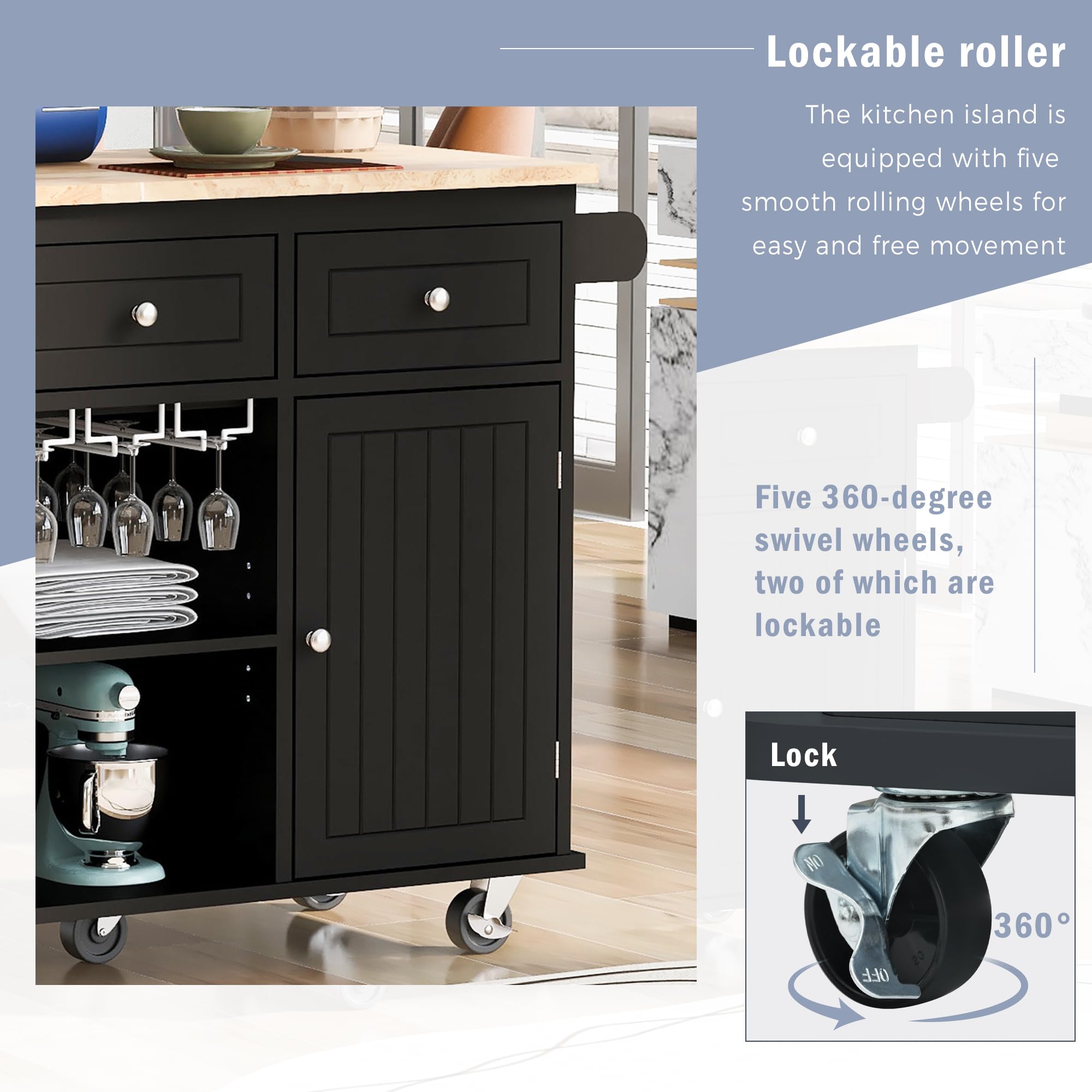 Black Kitchen Island Cart with Power Outlet, Drop Leaf & Rubber Wood - Open Storage, Wine Rack & 5 Casters - Adjustable Storage Organizer for Home Kitchen & Dining Room - Perfect for Small Spaces, Entertaining & Meal Prep