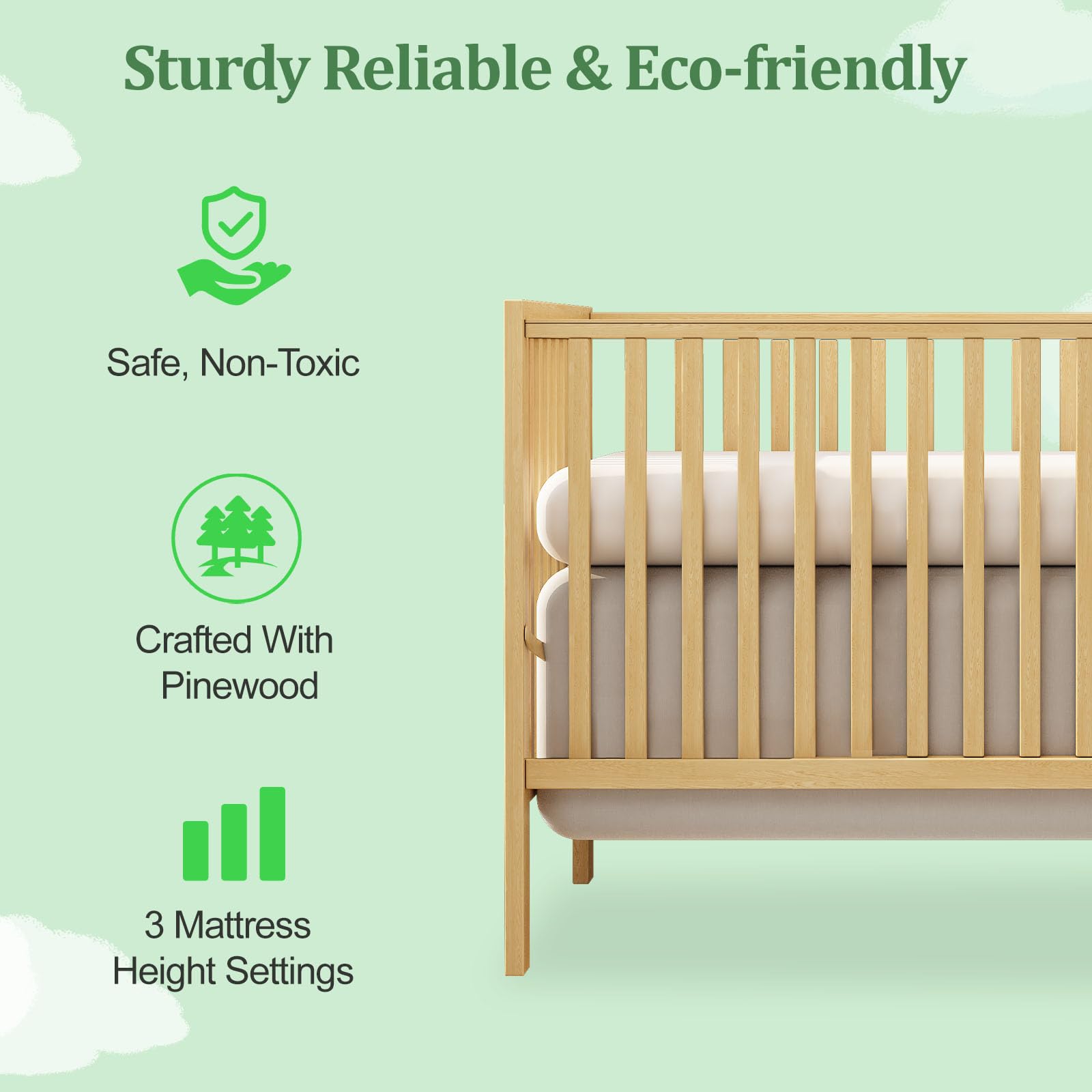 5-in-1 Convertible Baby Crib to Toddler Bed & Full Size Bed Frame - Natural Wood Nursery Furniture for Newborns & Kids (Mattress Not Included) | Perfect for Nursery, Bedroom & Daycare Centers