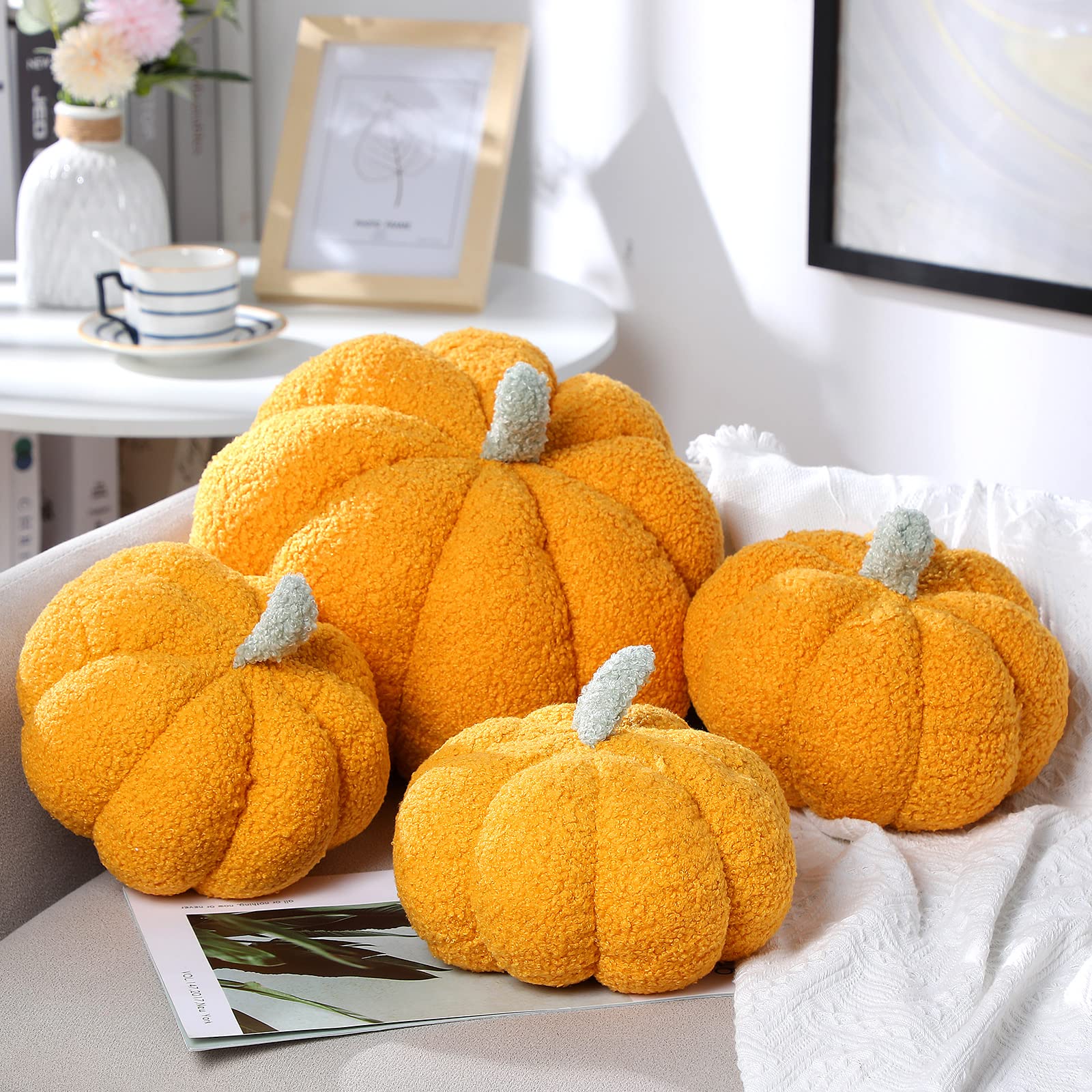4 Pack 3D Pumpkin Shaped Plush Pillows - Soft & Fluffy Fall Decor for Thanksgiving, Halloween - 11 & 7 Inch Yellow Throw Pillows - Perfect for Sofa, Bed, Dorm Room & Seasonal Home Decor