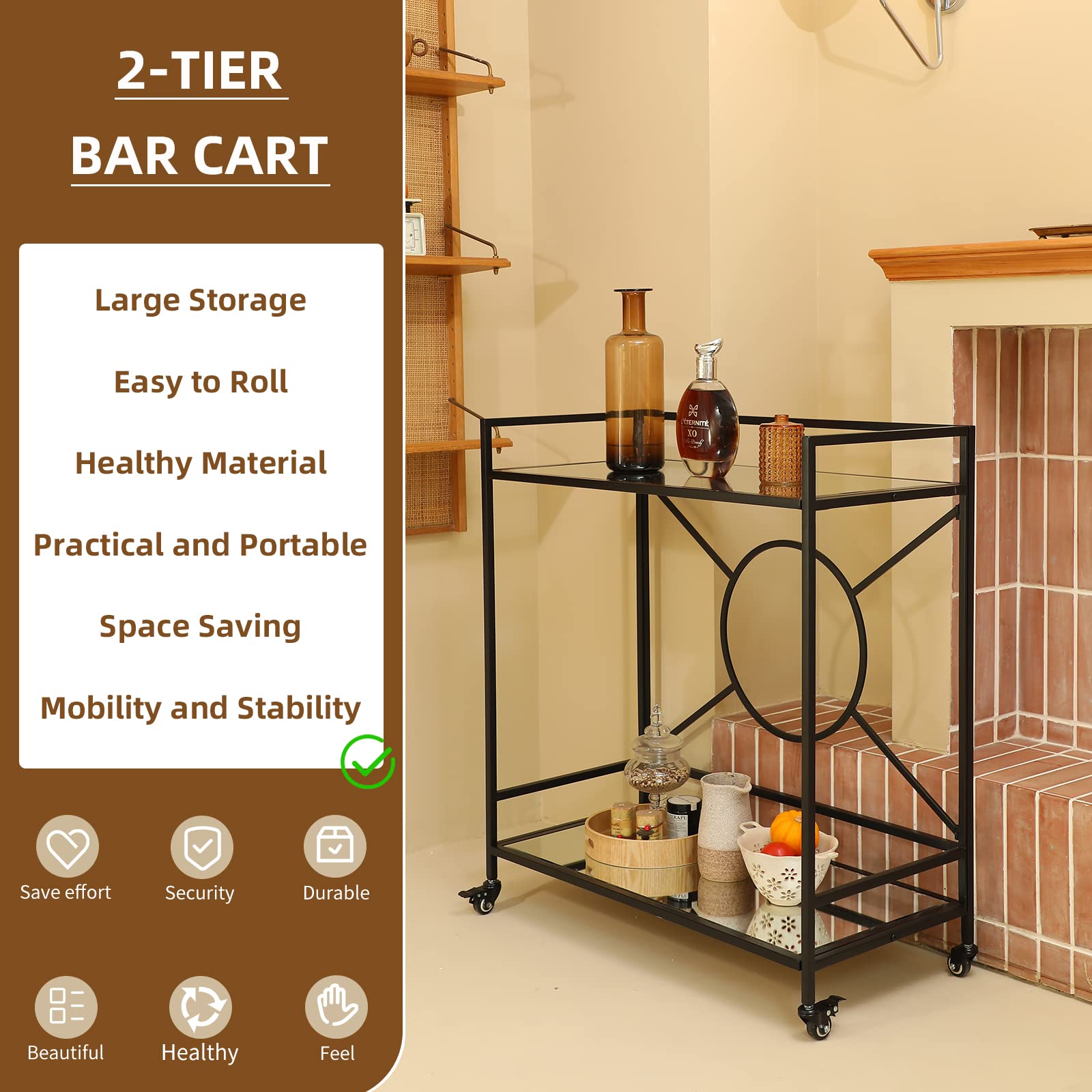 Palama Black Bar Cart for Home - Easy Assembly with Only 4 Screws, 2-Tier Rolling Snack Cart with 2 Mirrored Shelves & Lockable Wheels - Perfect for Living Room, Kitchen, or Outdoor Entertaining