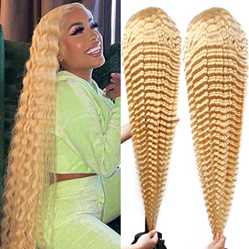613 Blonde Deep Wave Lace Front Wig - 100% Brazilian Human Hair - 13x4 Pre-Plucked Frontal with Bleached Knots & Baby Hair - 180% Density - 16 Inch - Perfect for Daily Wear, Cosplay & Special Occasions