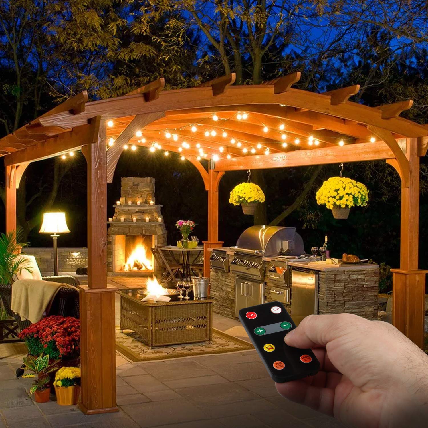 Brightech Ambience Pro Outdoor Smart String Lights with Remote Control & Dimmable Plug - 150W Max Power, Commercial Grade for Patio, Garden, Backyard, and Outdoor Party Lighting