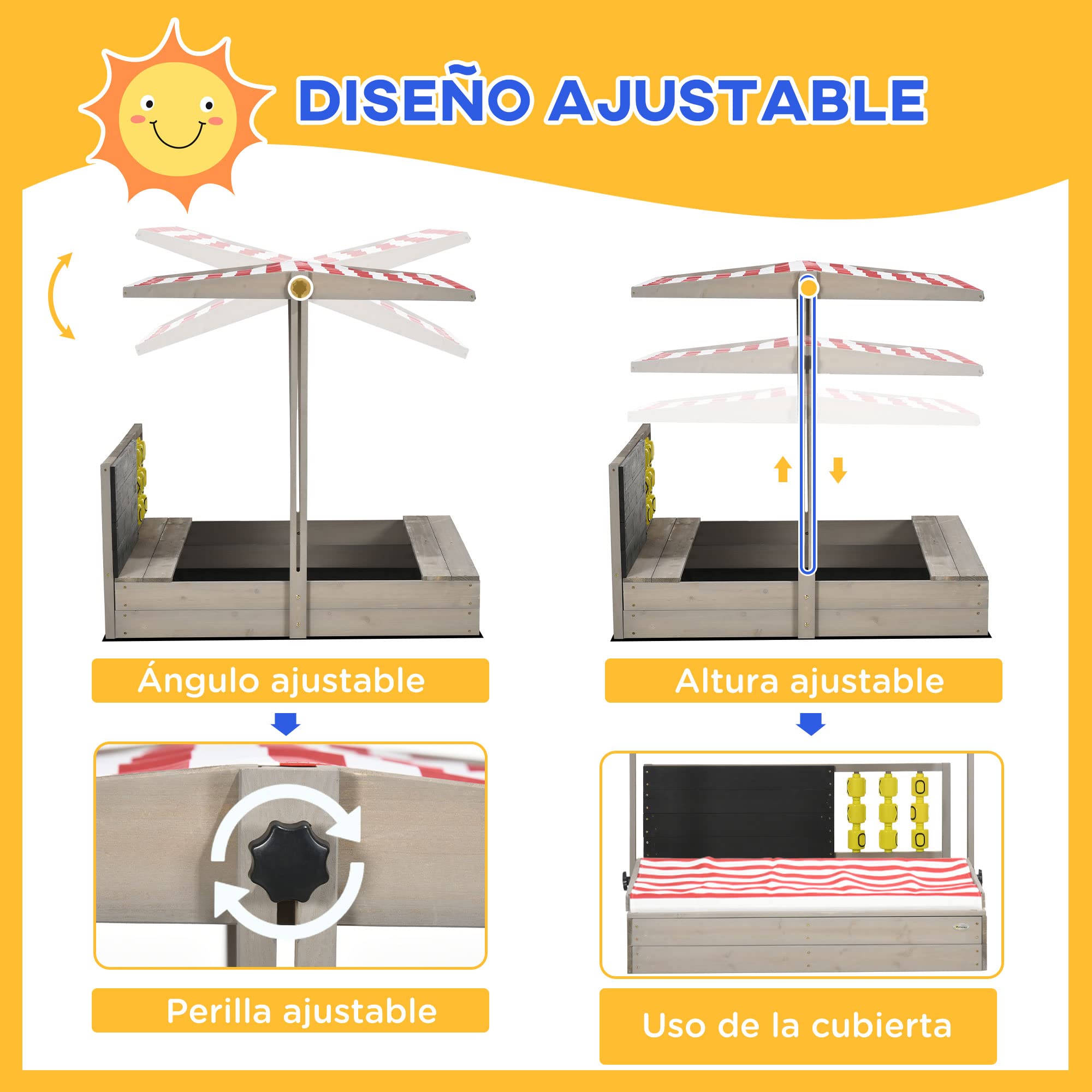 Outsunny Wooden Sandbox for Kids Ages 3-7 Years - Adjustable Non-Woven Fabric Roof, 2-Seat Bench, Chalkboard & Play Toys - 114x113x110cm Gray Sand Pit for Backyard, Garden & Outdoor Play Areas
