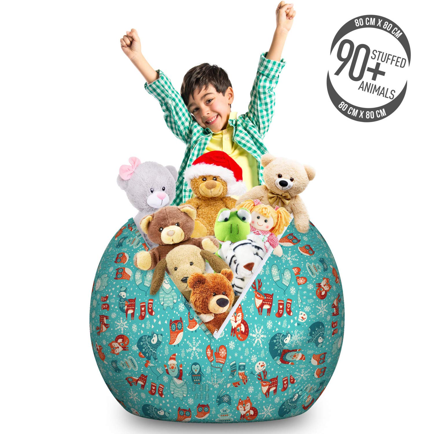 Ambesonne Large Washable Winter Toy Storage Bag Chair - Santa Fox Deer Yeti Owl Cartoon Design, Stuffed Animal Organizer for Kids Room (Aqua Vermillion) | Perfect for Holiday Decor & Playroom Organization