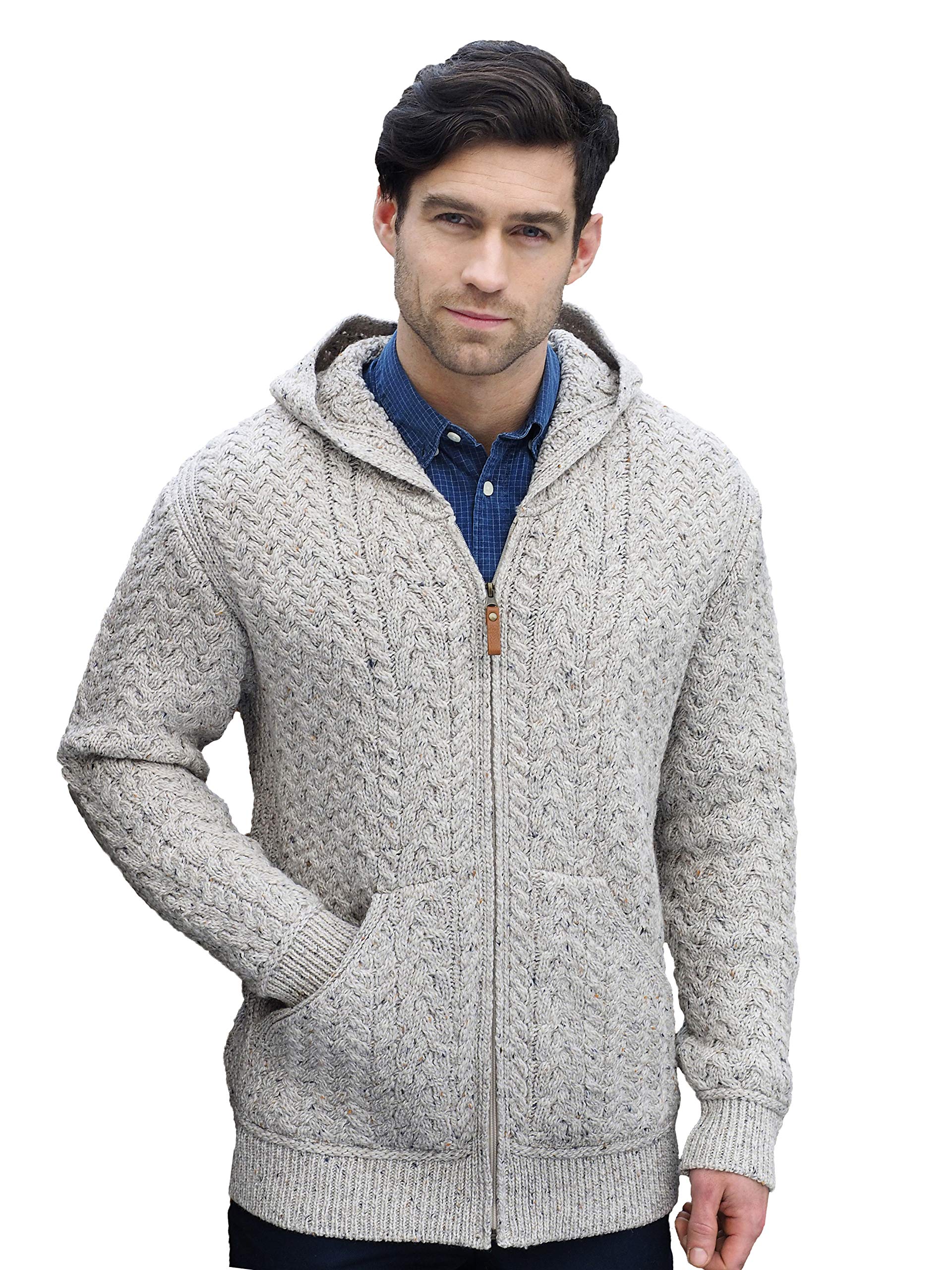 Aran Crafts Men's Irish Cable Knit Zip-Up Hooded Cardigan - 100% Merino Wool Sweater for Winter Warmth | Perfect for Casual Outfits, Outdoor Activities & Cozy Lounging