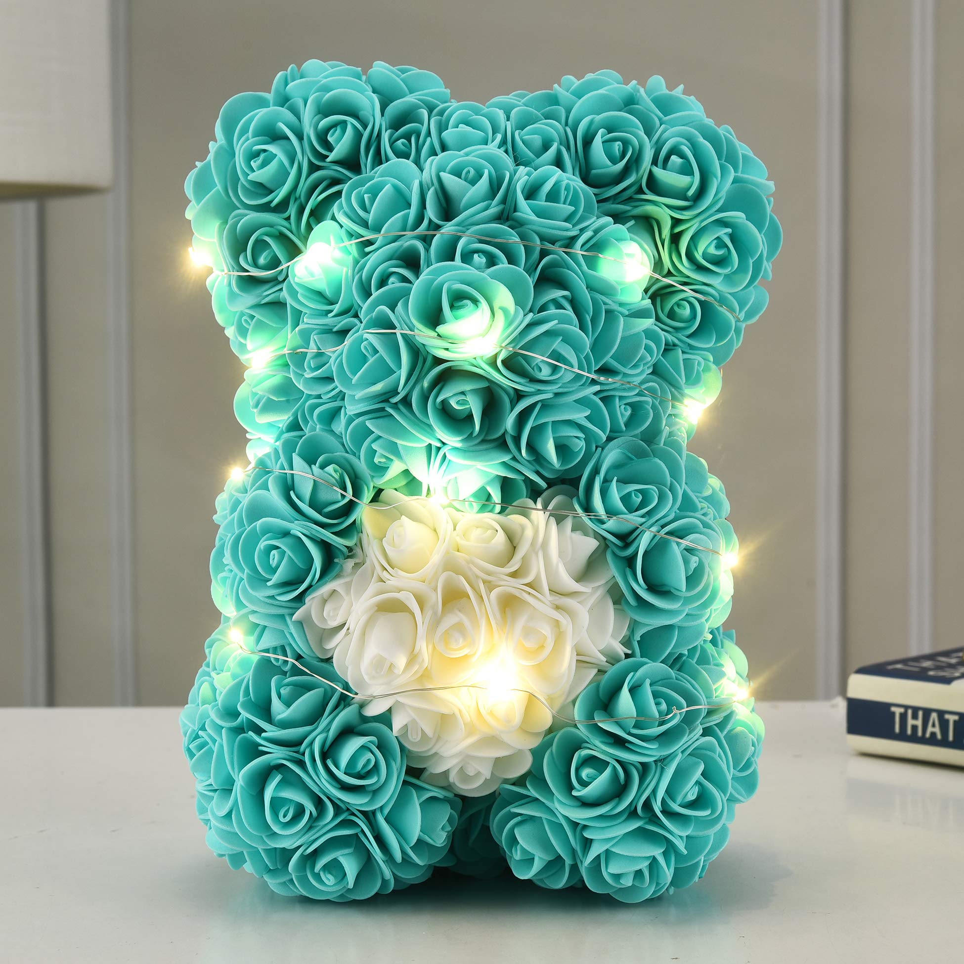 Handmade Rose Teddy Bear - Artificial Rose Flower Bear Gift for Mom, Girls, Birthday, Party | Unique Home Decor, Wedding, Valentine's Day Present in Elegant Clear Gift Box (White)