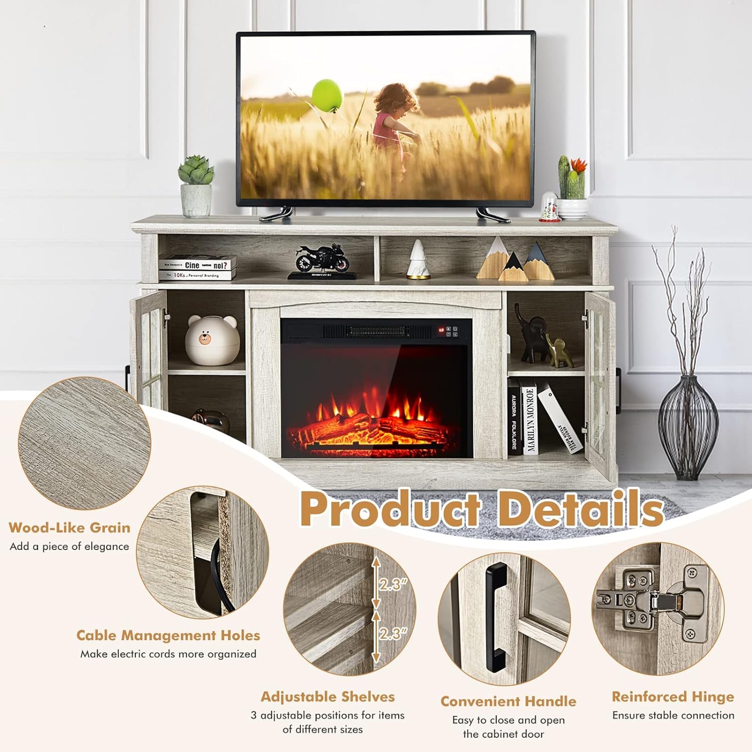 SIMOE 58 Inch Electric Fireplace TV Stand for 65 Inch TVs - Modern Entertainment Center with 23