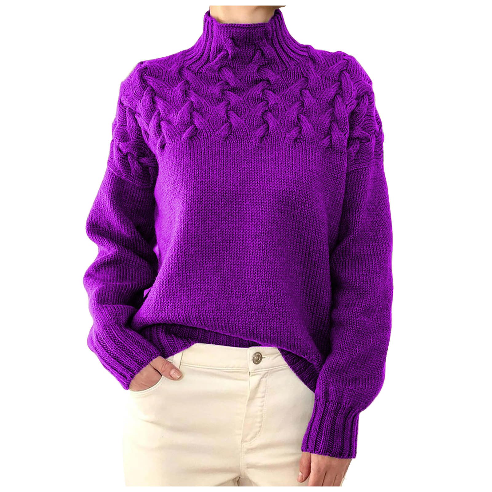 Chunky Cable Knit Turtleneck Sweater for Women - Solid Color High Neck Pullover, Long Sleeve Knitwear Jumper (Perfect for Winter Layering, Office Wear & Casual Outfits)