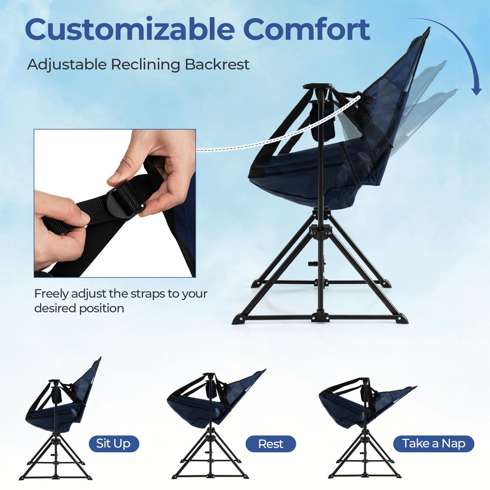 GYMAX Portable Folding Camping Chair with Detachable Footrest & Adjustable Backrest - Lightweight Hammock Rocking Chair for Outdoor, Beach, Lawn, Fishing - Includes Pillow, Cup Holder & Carrying Bag (Navy Blue)