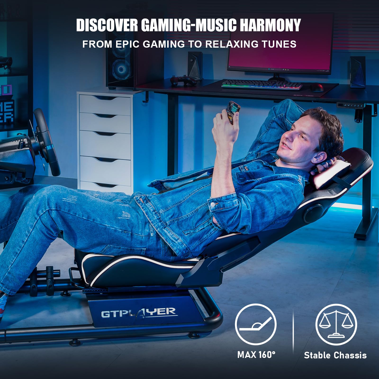 GTPLAYER Racing Simulator Cockpit with Adjustable Seat & Bluetooth Speakers - Ultra-Sturdy Alloy Steel Frame Gaming Chair for PC/PS4/Xbox - Perfect for Home Racing Games & Flight Simulation (White)