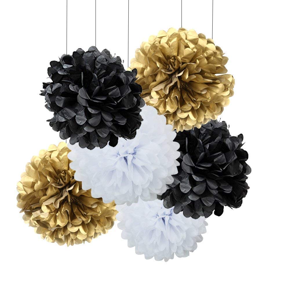 Gold Black White New Year's Party Decorations Kit - Tissue Paper Pom Poms, Paper Lanterns & Hanging Decorations for NYE, Birthday Celebrations | Perfect for Home, Office & Event Decor