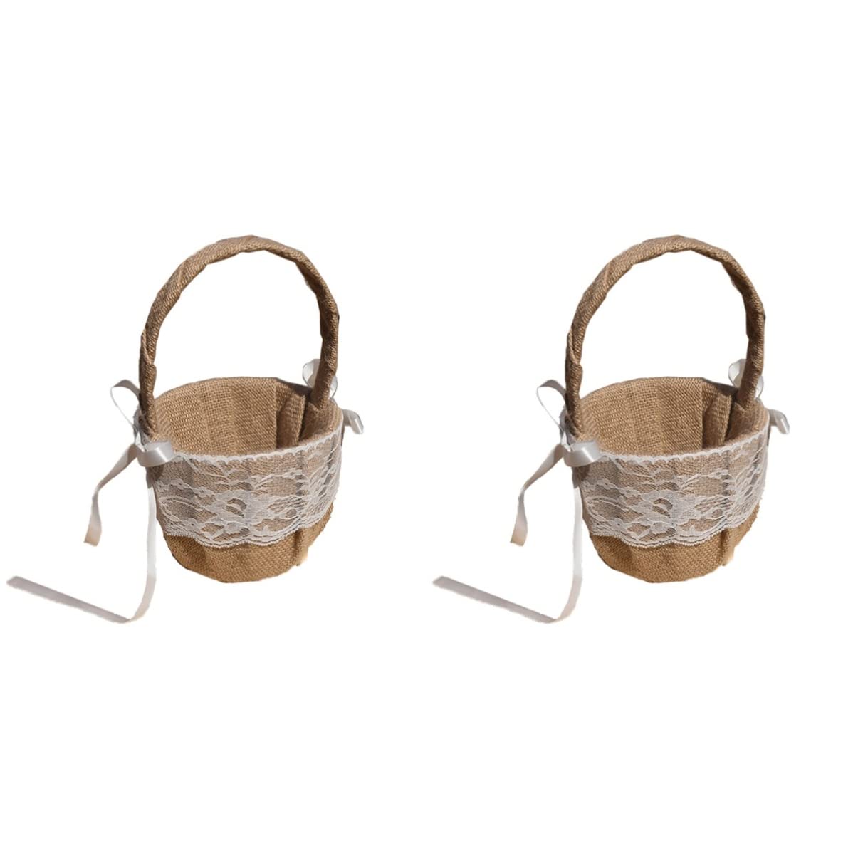 LIFKOME 2-Pack Rustic Wedding Flower Girl Baskets - Jute Woven Burlap Basket with Lace Ribbon for Boho Bridal Shower, Country Wedding Decor, and Floral Arrangements