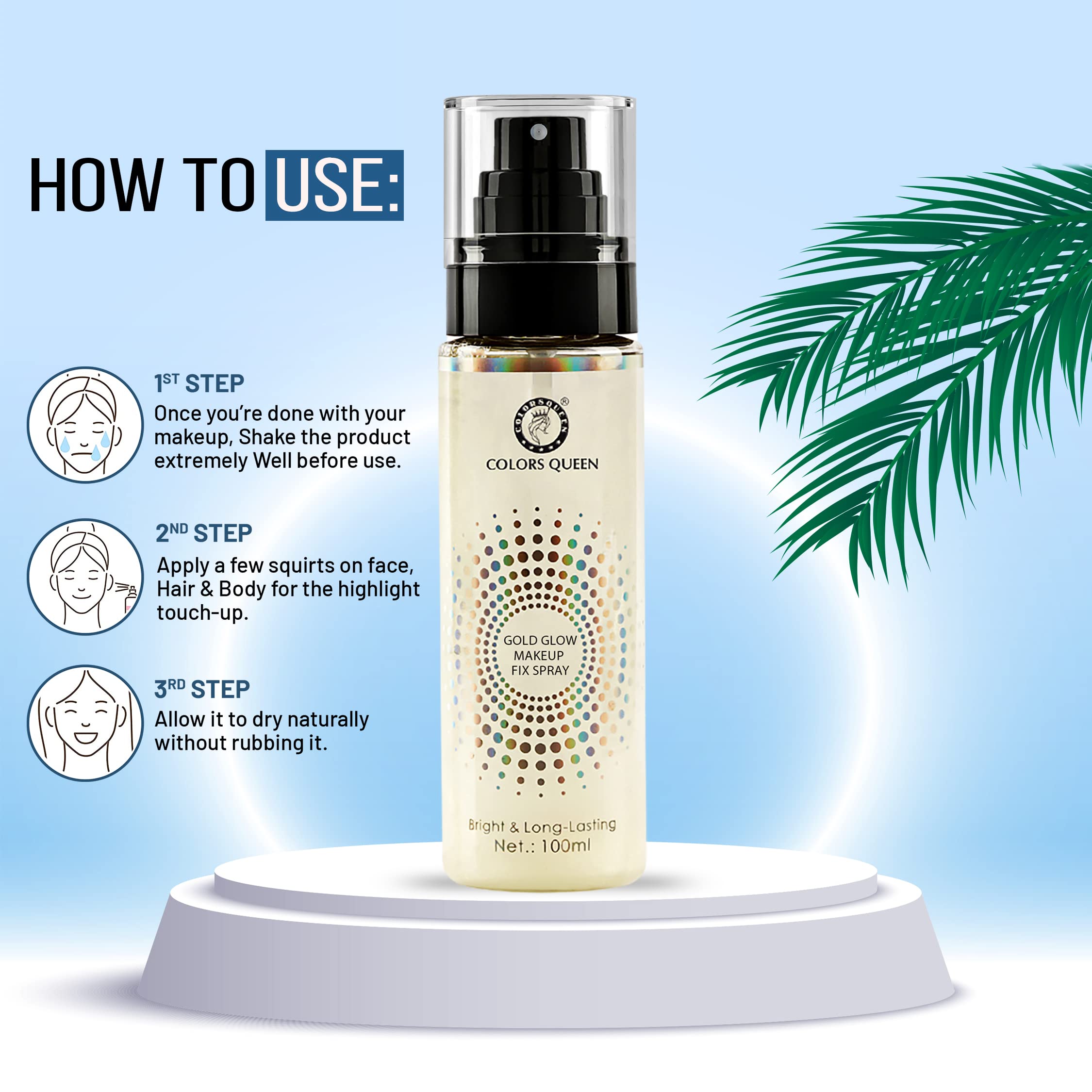 Colors Queen Gold Glow Makeup Setting Spray – 100ml | Long Lasting Face Makeup Fixer | Lightweight, Non-Greasy Formula with Aloe Vera Extract | Perfect for Bridal, Party & Everyday Makeup Locking