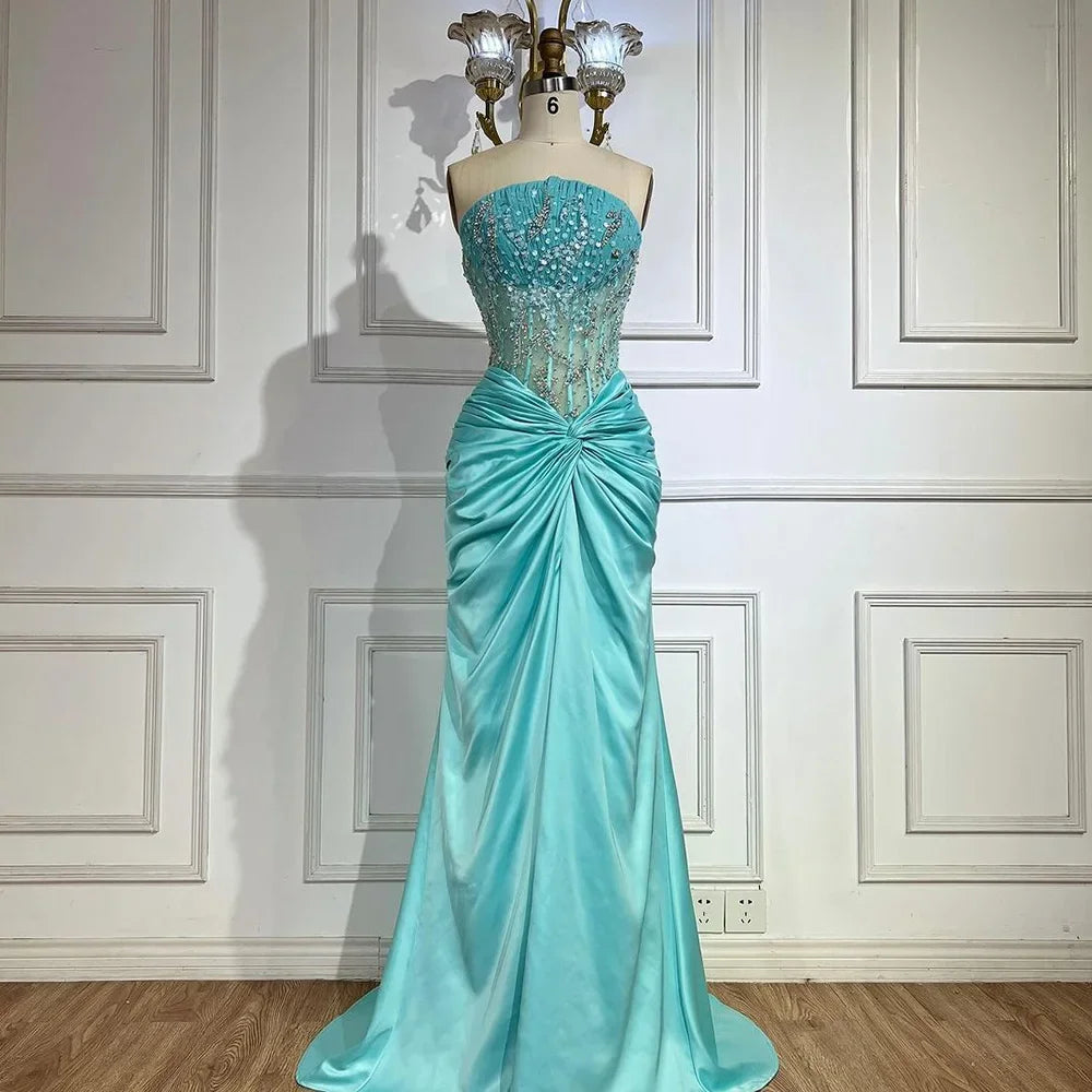 Elegant Blue Split Mermaid Evening Gown with Beaded Details - Luxury Arabic Dubai Style Wedding Dress for Women - Perfect for Formal Parties, Galas & Special Occasions