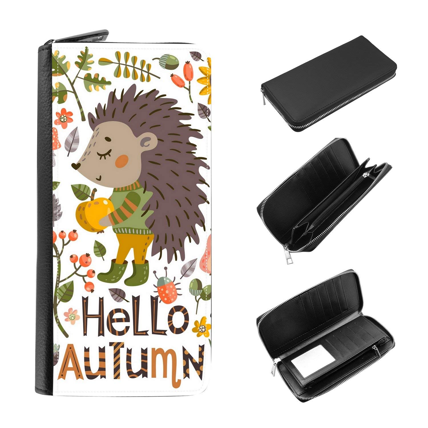 Women's RFID Blocking Zip Around Wallet & Phone Clutch with Card Organizer - Hedgehog Floral Design 'Hello Autumn' Pattern - Perfect for Everyday Use, Travel & Gift Giving