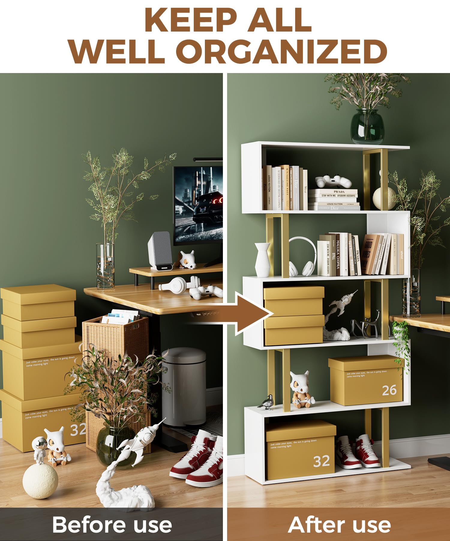 Gadroad 5-Tier Geometric Bookcase - Modern S-Shaped Wooden Bookshelf with Gold Finish, Freestanding Decorative Storage Shelf for Living Room & Bedroom | Perfect for Displaying Books, Decor & Collectibles
