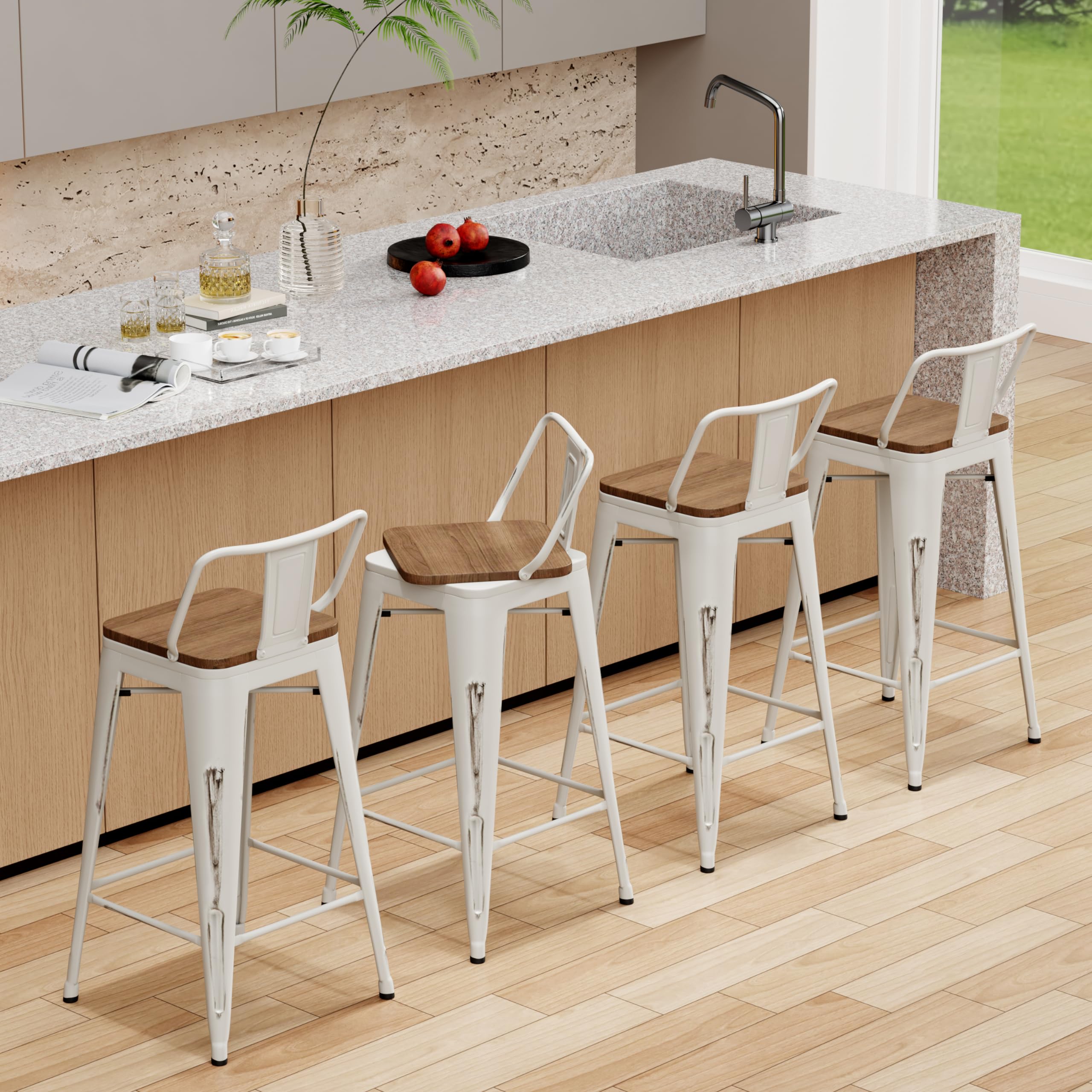 **30 Inch Bar Stools Set of 4 - Counter Height Swivel Bar Chairs with Back, Metal Frame, White - Perfect for Kitchen, Dining Room & Home Bar**